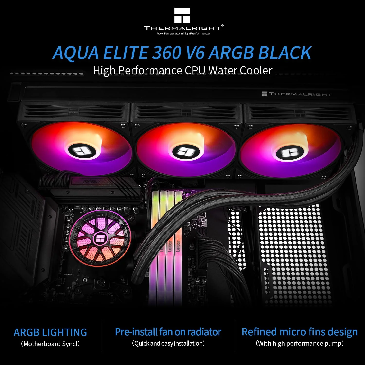 خنک‌کننده مایع پردازنده Thermalright Aqua Elite 360 V6 ARGB مشکی، سایز رادیاتور خنک‌کننده 360، رادیاتور آبی 3x120mm، AMD: AM4/AM5، Intel LGA115X/1200/2011/1700/1851، خنک‌کننده پردازنده AIO