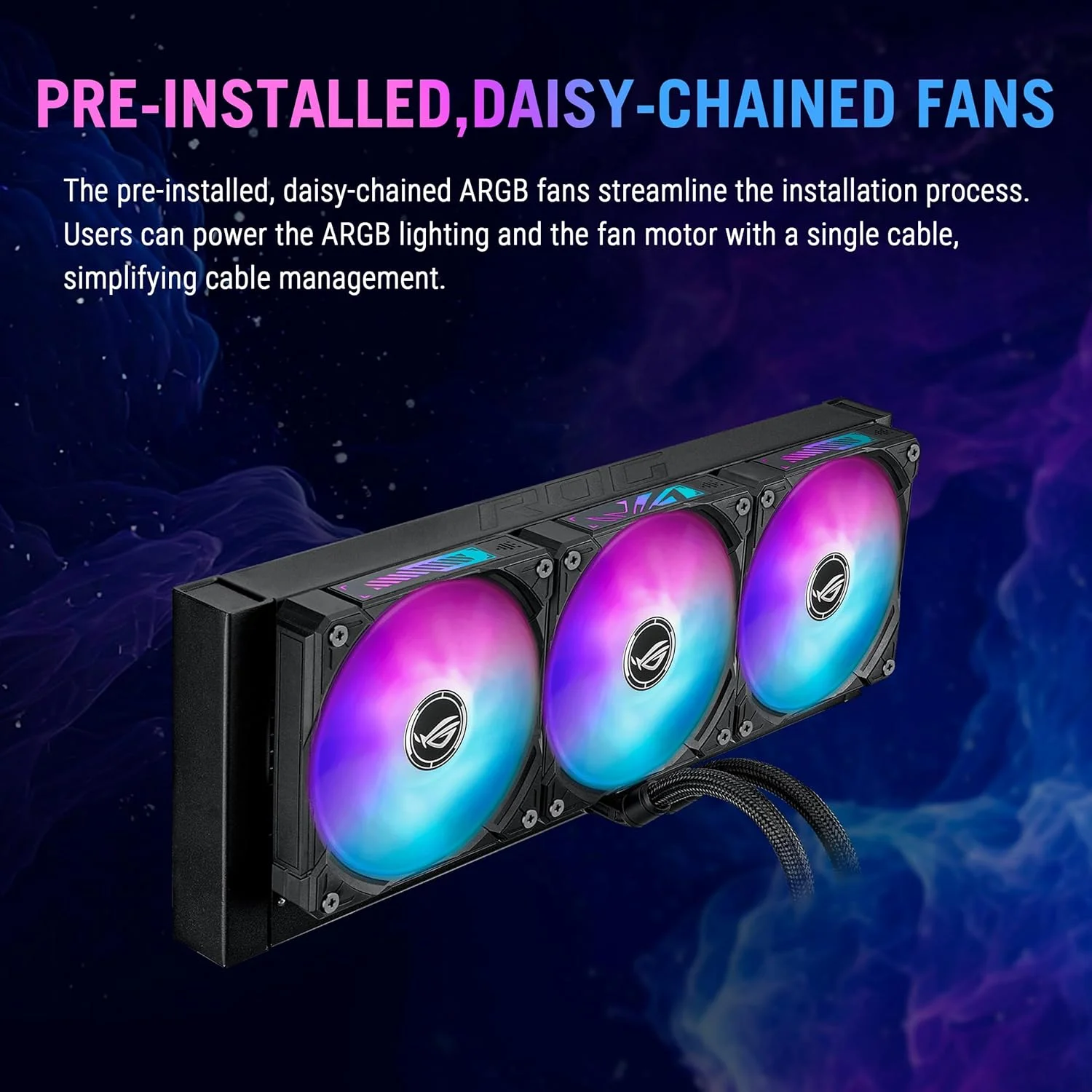 خنک کننده مایع پردازنده ASUS ROG RYUO IV SLC 360 ARGB با لوله های کوتاه شده برای زیبایی بیشتر، دارای صفحه نمایش منحنی 6.67 اینچی AMOLED با قابلیت پخش ویدیوهای سه بعدی یا نمایش اطلاعات سیستم