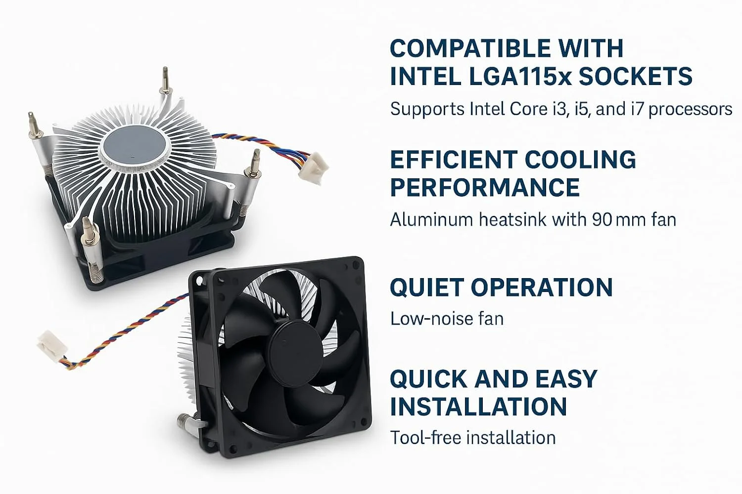 خنک کننده پردازنده برای i3/i5/i7 LGA115x – سازگار با سوکت های 1150، 1151، 1155، 1156، 1200 – فن کم صدا و هیت سینک آلومینیومی – راه حل خنک کننده کامپیوتر رومیزی – نصب آسان 4 پین با کنترل دما