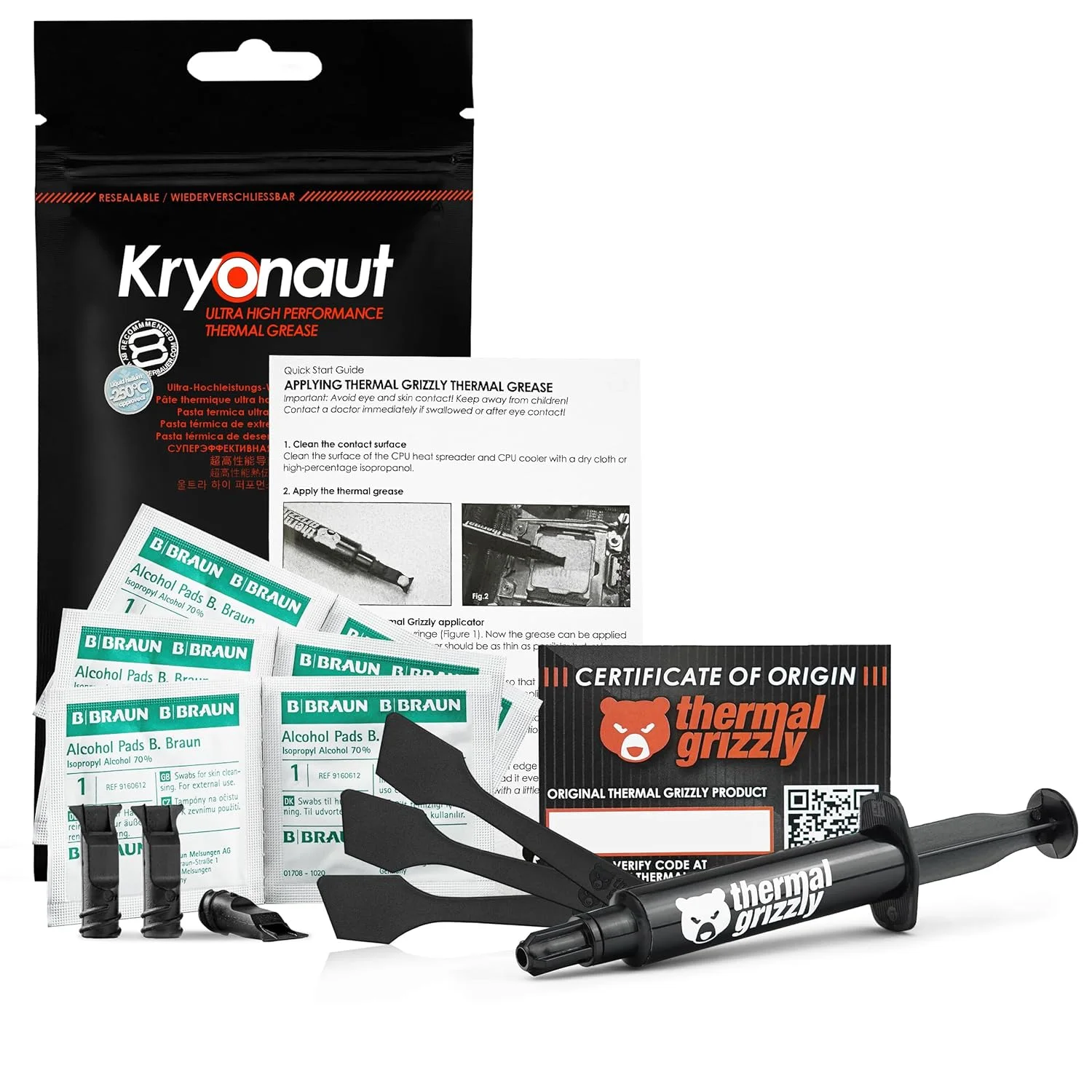 خمیر حرارتی Thermal Grizzly Kryonaut - مجموعه 11.1 گرم/3 میلی لیتر - 3 عدد اپلیکاتور و 3 عدد کاردک و 6 عدد پد تمیز کننده CPU، خمیر حرارتی با عملکرد بسیار بالا - برای کاربردهای سخت و اورکلاکینگ