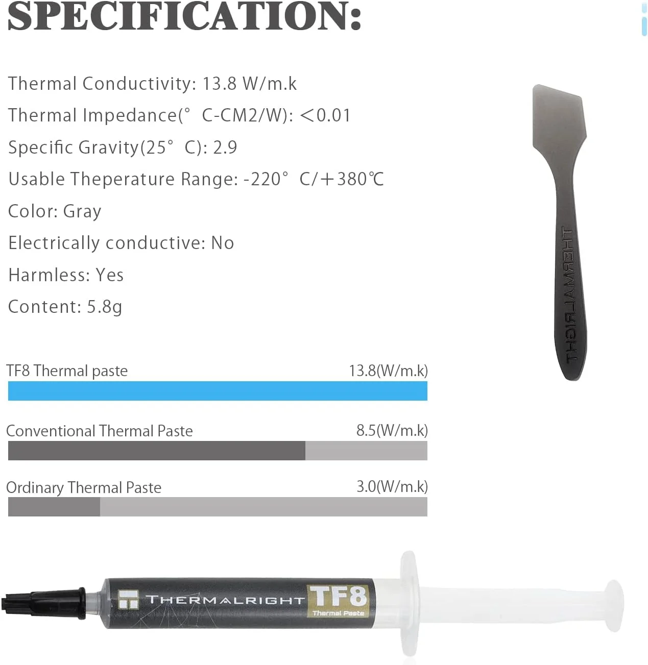 خمیر حرارتی Thermalright TF8 با عملکرد بالا، 5.8 گرم، 13.8 وات بر متر-کلوین، گریس حرارتی برای تمامی خنک کننده های پردازنده/پردازنده/کارت گرافیک/کامپیوتر، به همراه ابزار کاردک (TF8 5.8g)