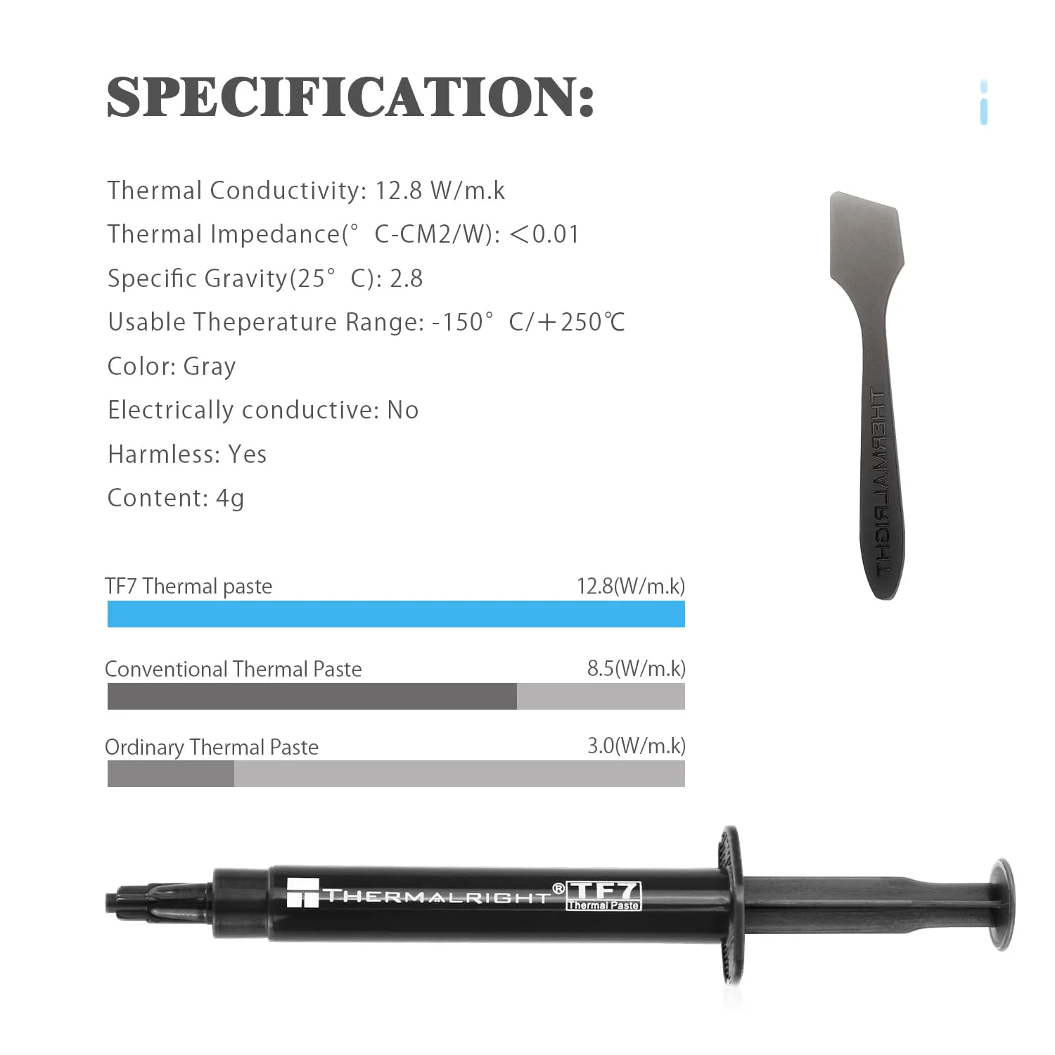 خمیر حرارتی Thermalright TF7 4g با عملکرد بالا - 4 گرم، 12.8W/mK، دوام بالا، استفاده آسان، برای همه هیت سینک ها خنک کننده های CPU/CPU/GPU، همراه با ابزار استفاده