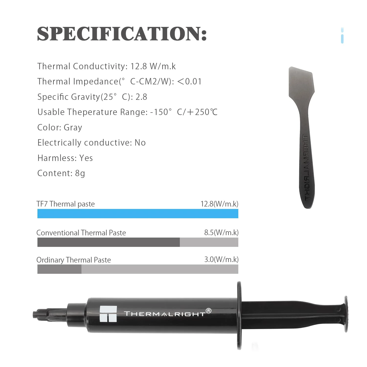 خمیر حرارتی Thermalright TF7 8g با عملکرد بالا - 8 گرم، 12.8 وات بر متر-کلوین، دوام بالا، استفاده آسان، برای همه هیت سینک ها، خنک کننده های پردازنده/پردازنده/کارت گرافیک، به همراه ابزار استفاده