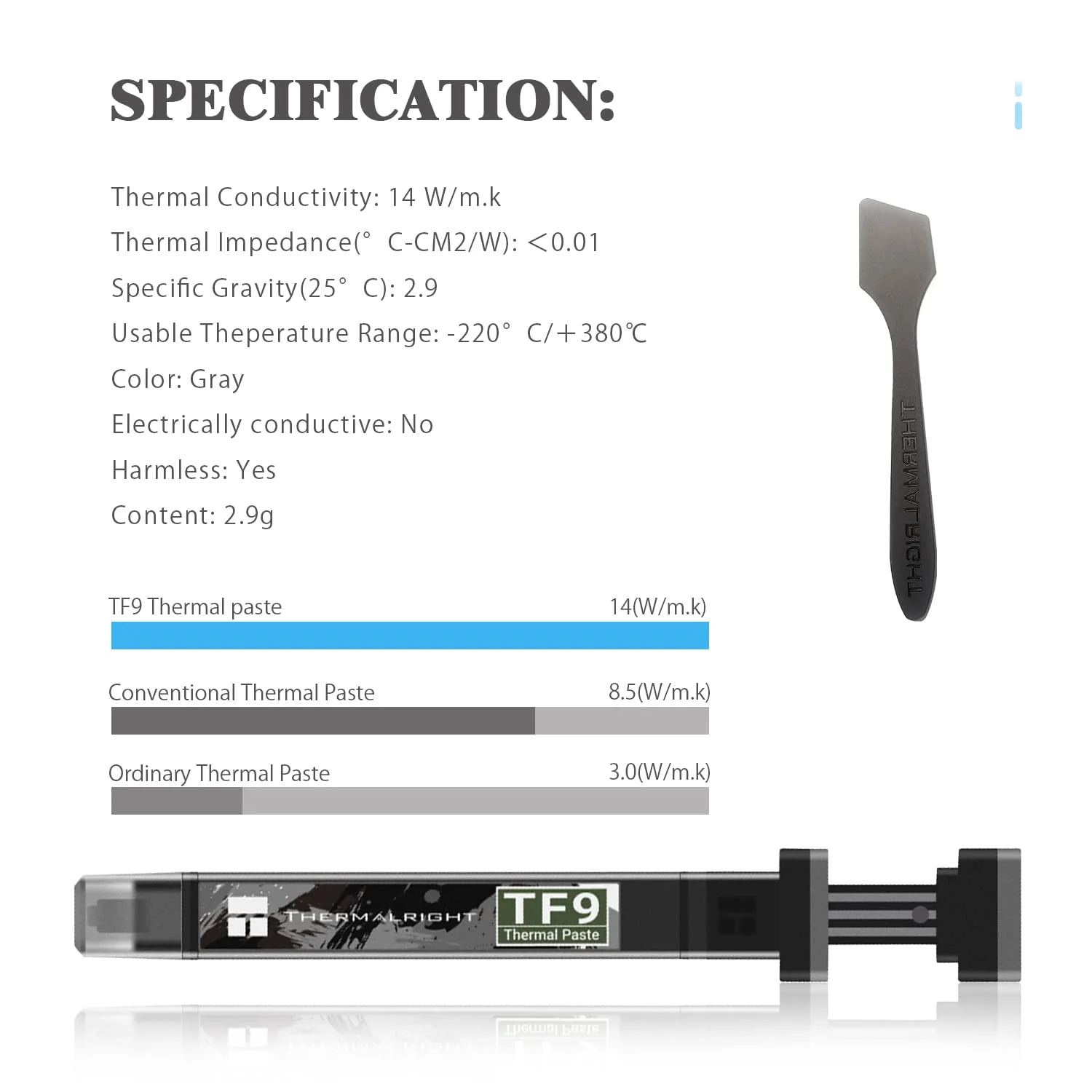 خمیر حرارتی Thermalright TF9 2.9g با رسانایی گرمایی 14W/m.k - 2.9 گرم، دوام بالا، برای تمامی هیت سینک ها و خنک کننده های پردازنده، به همراه ابزار استفاده (TF9 2.9g) خمیر حرارتی Thermalright TF9 2.9g با رسانایی گرمایی 14W/m.k - 2.9 گرم، دوام بالا، برای تمامی هیت سینک ها و خنک کننده های پردازنده، به همراه ابزار استفاده (TF9 2.9g)