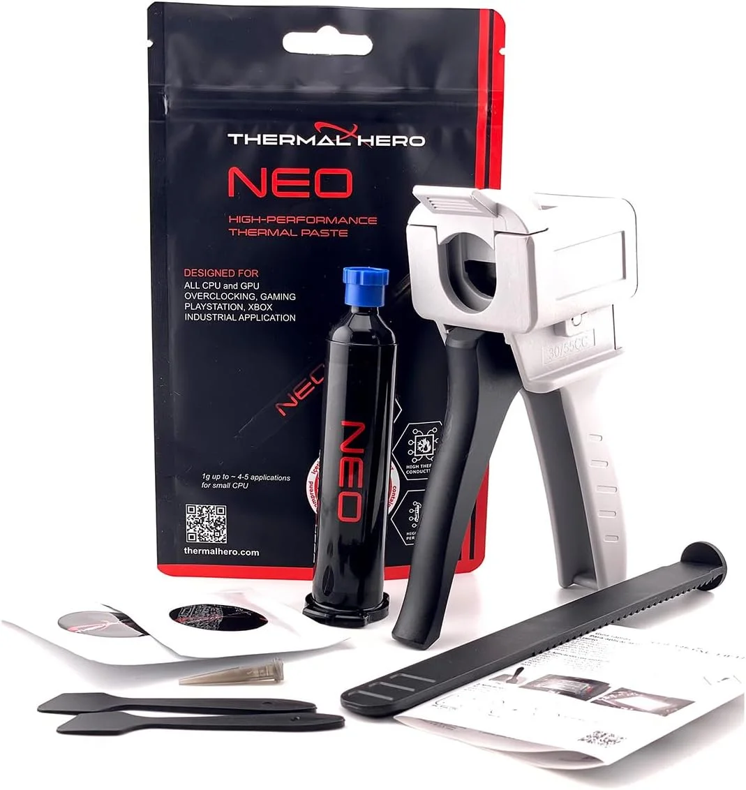 خمیر حرارتی NEO (50 گرم) برای کاربردهای پایه: مناسب برای تمام پردازنده‌ها (AMD و Intel)، پردازنده‌های گرافیکی Xbox PS4 PS5. شامل پارچه تمیز کننده و تفنگ خمیر