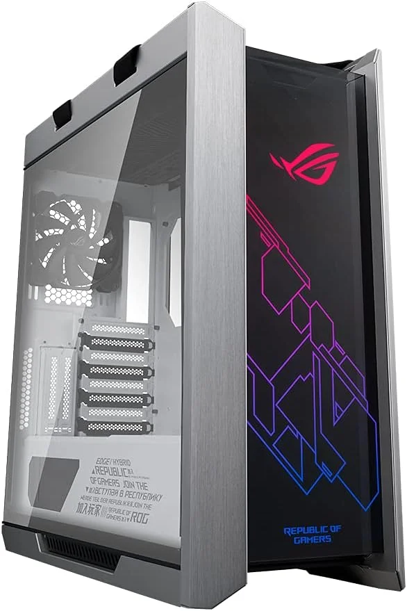 کیس کامپیوتر ASUS ROG Strix Helios GX601 White Edition RGB Mid-Tower برای مادربردهای ATX/EATX با شیشه حرارت دیده، فریم آلومینیومی، نگهدارنده کارت گرافیک، پشتیبانی از رادیاتور 420 میلی‌متری و Aura Sync