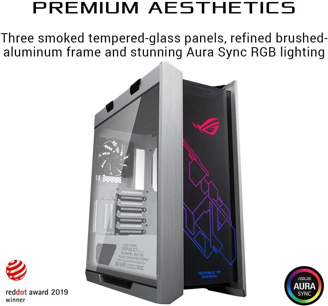کیس کامپیوتر ASUS ROG Strix Helios GX601 White Edition RGB Mid-Tower برای مادربردهای ATX/EATX با شیشه حرارت دیده، فریم آلومینیومی، نگهدارنده کارت گرافیک، پشتیبانی از رادیاتور 420 میلی‌متری و Aura Sync
