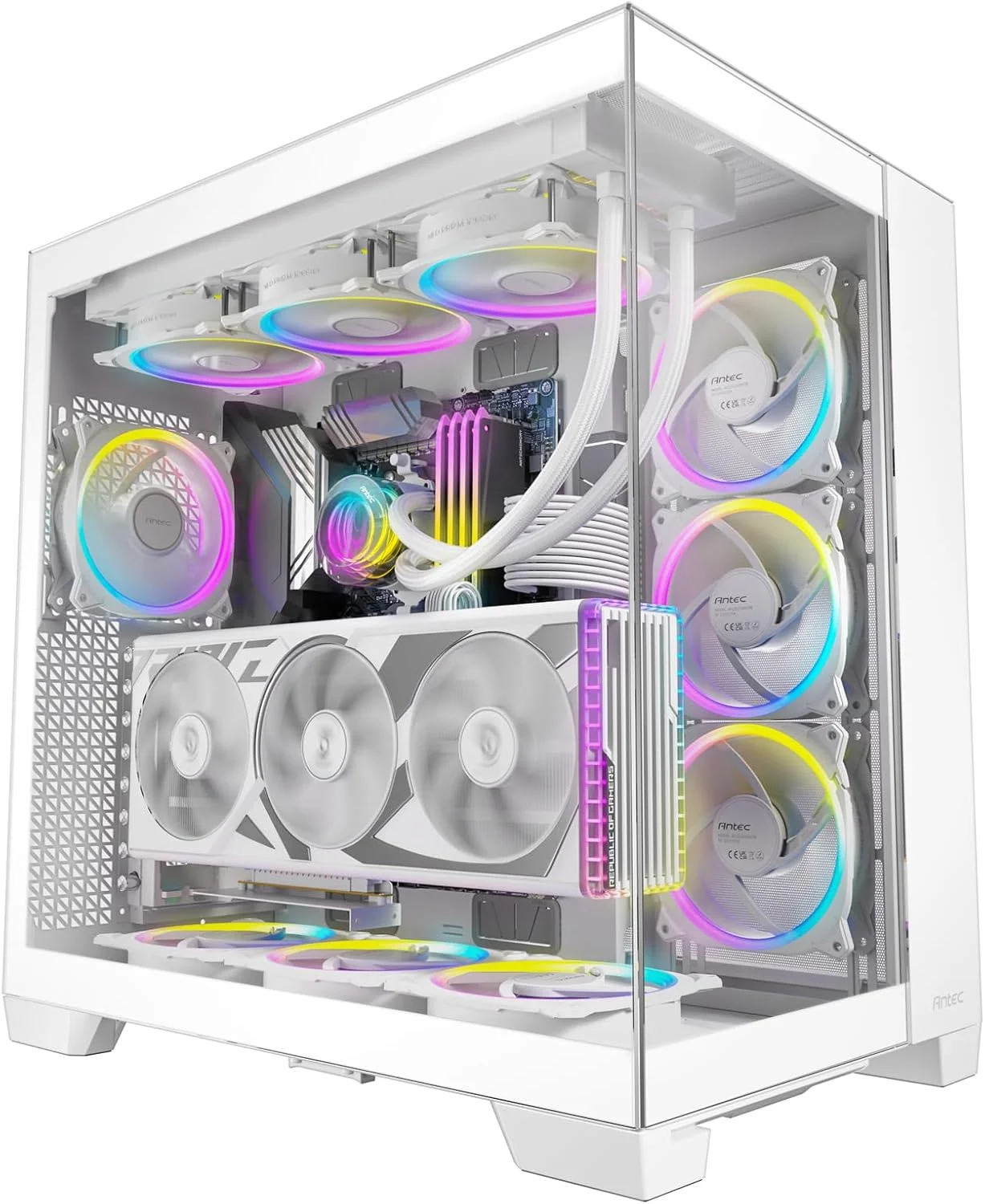 کیس کامپیوتر Antec C8 سفید، بدون فن، سازگار با RTX 40، دو محفظه، طراحی بدون نیاز به ابزار، دارای Type-C، پشتیبانی از رادیاتور 360 میلی‌متری، پنل‌های شیشه‌ای حرارت دیده یکپارچه در جلو و طرفین، کیس فول تاور E-ATX با جریان هوای بالا