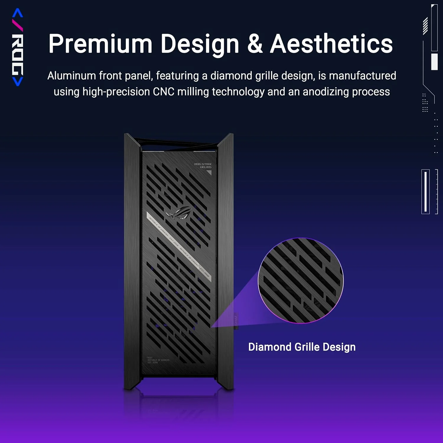 کیس کامپیوتر گیمینگ ASUS ROG Strix Helios II EATX mid-Tower با پنل های شیشه ای حرارت دیده دوگانه، پشتیبانی از کارت گرافیک تا طول 450 میلی متر، نگهدارنده کارت گرافیک و پشتیبانی از رادیاتور تا 420 میلی متر