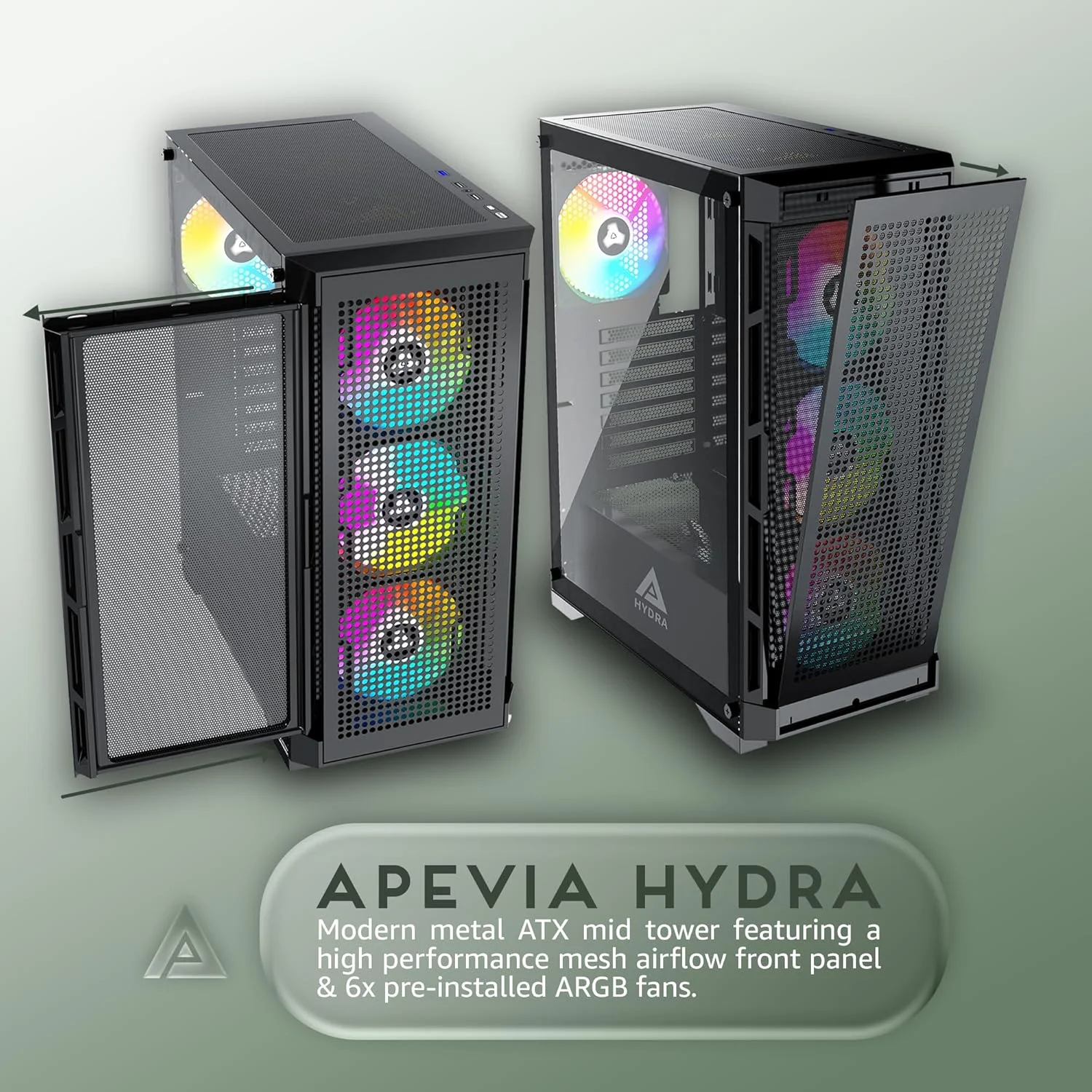 کیس کامپیوتر مید تاور Apevia Hydra-BK Hydra با 6 فن 120 میلی‌متری ARGB، 366 حالت نورپردازی RGB، پنل جلویی مشبک با قابلیت عبور جریان هوای بالا، پنل جانبی شیشه‌ای حرارت دیده، 1 پورت USB3.0، 2 پورت USB2.0، مشکی