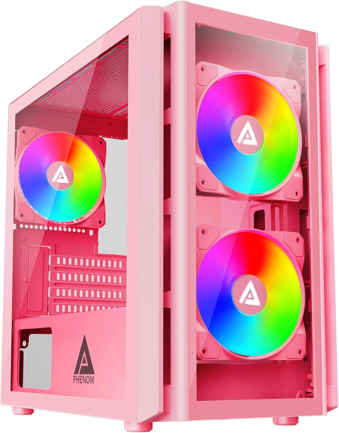 کیس کامپیوتر گیمینگ Apevia Phenom-PK Phenom Micro-ATX با 3 فن 120 میلی‌متری ARGB، دارای 366 حالت نورپردازی RGB، 1 پنل جلویی شیشه‌ای، پشتیبانی از کارت گرافیک 340 میلی‌متری، 1 پورت USB3.0، 2 پورت USB 2.0، صورتی