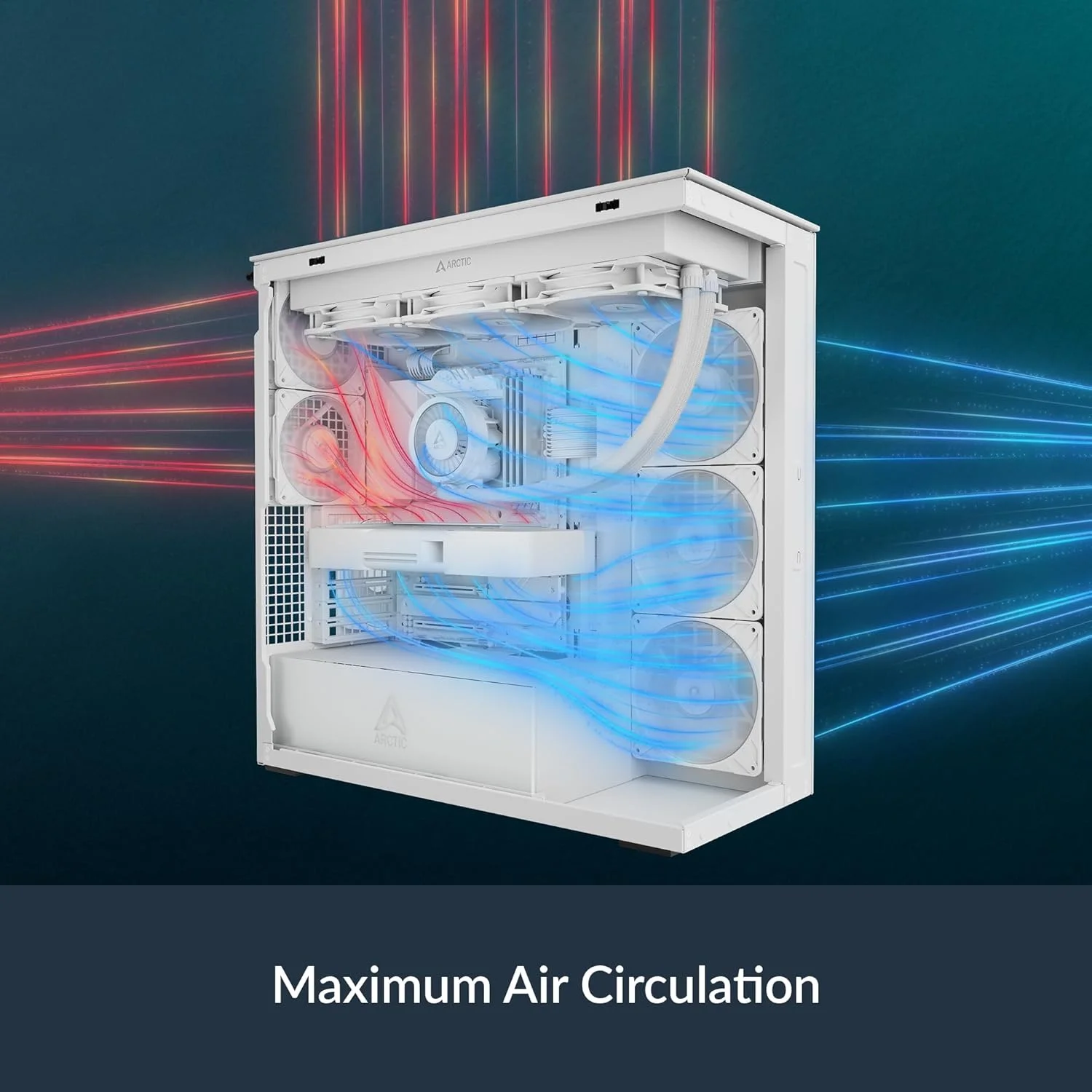 کیس کامپیوتر ARCTIC Xtender (سفید) - شیشه پانورامای حرارت دیده، پشتیبانی از 2 رادیاتور 420 میلی متری، فول تاور، بیگ تاور، E-ATX، دارای 5 فن A-RGB از پیش نصب شده - سفید