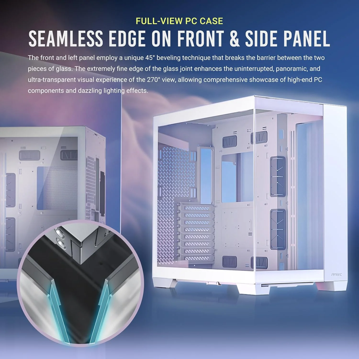 کیس کامپیوتر Antec C8 سفید، بدون فن، سازگار با RTX 40، دو محفظه، طراحی بدون نیاز به ابزار، دارای Type-C، پشتیبانی از رادیاتور 360 میلی‌متری، پنل‌های شیشه‌ای حرارت دیده یکپارچه در جلو و طرفین، کیس فول تاور E-ATX با جریان هوای بالا