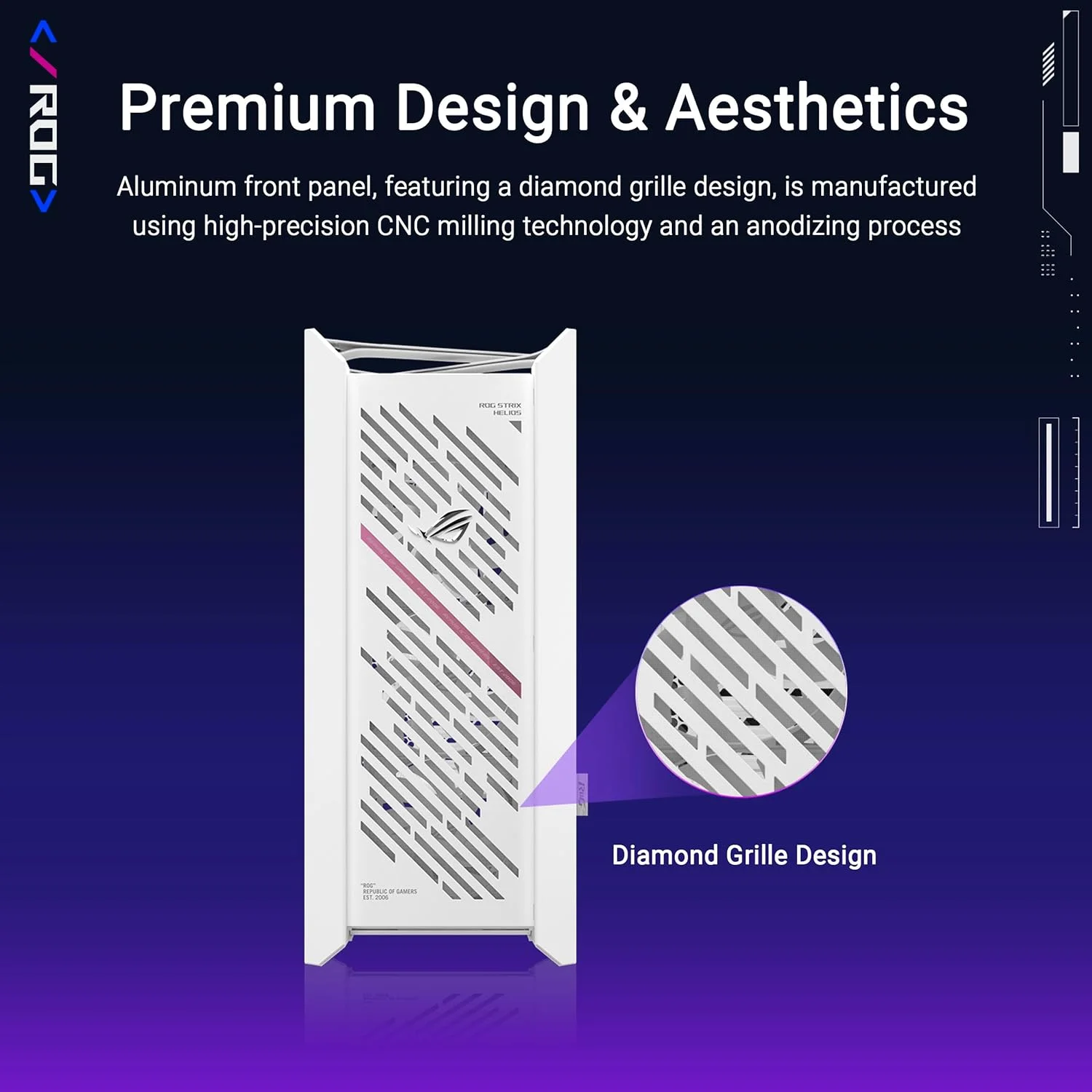 کیس کامپیوتر ASUS ROG Strix Helios II White Edition EATX با پنل های شیشه ای دو طرفه، سازگار با کارت گرافیک تا طول 450 میلی متر، دارای نگهدارنده کارت گرافیک