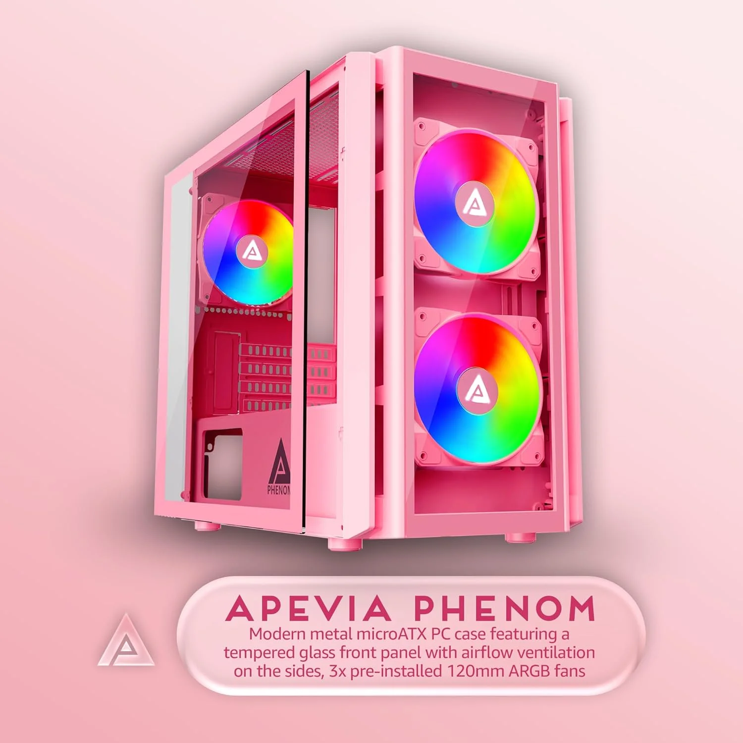 کیس کامپیوتر گیمینگ Apevia Phenom-PK Phenom Micro-ATX با 3 فن 120 میلی‌متری ARGB، دارای 366 حالت نورپردازی RGB، 1 پنل جلویی شیشه‌ای، پشتیبانی از کارت گرافیک 340 میلی‌متری، 1 پورت USB3.0، 2 پورت USB 2.0، صورتی