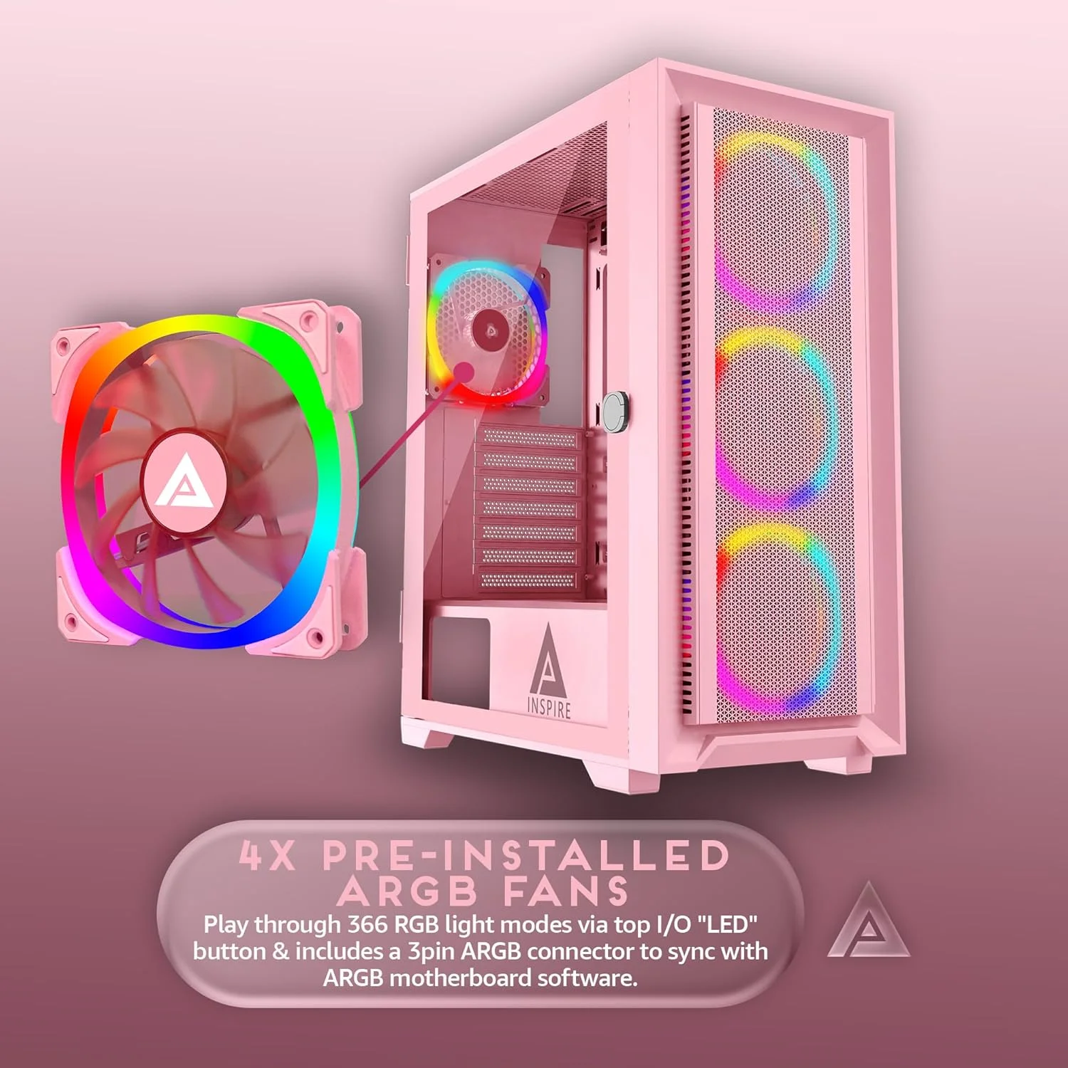 کیس کامپیوتر گیمینگ مید تاور Apevia Inspire-PK Inspire ATX با 4 فن 120 میلی‌متری ARGB، دارای 366 حالت نورپردازی RGB، 1 پنل جلویی توری فلزی برای جریان هوا، 1 پنل شیشه‌ای مغناطیسی لولایی، 2 پورت USB3.0، رنگ صورتی