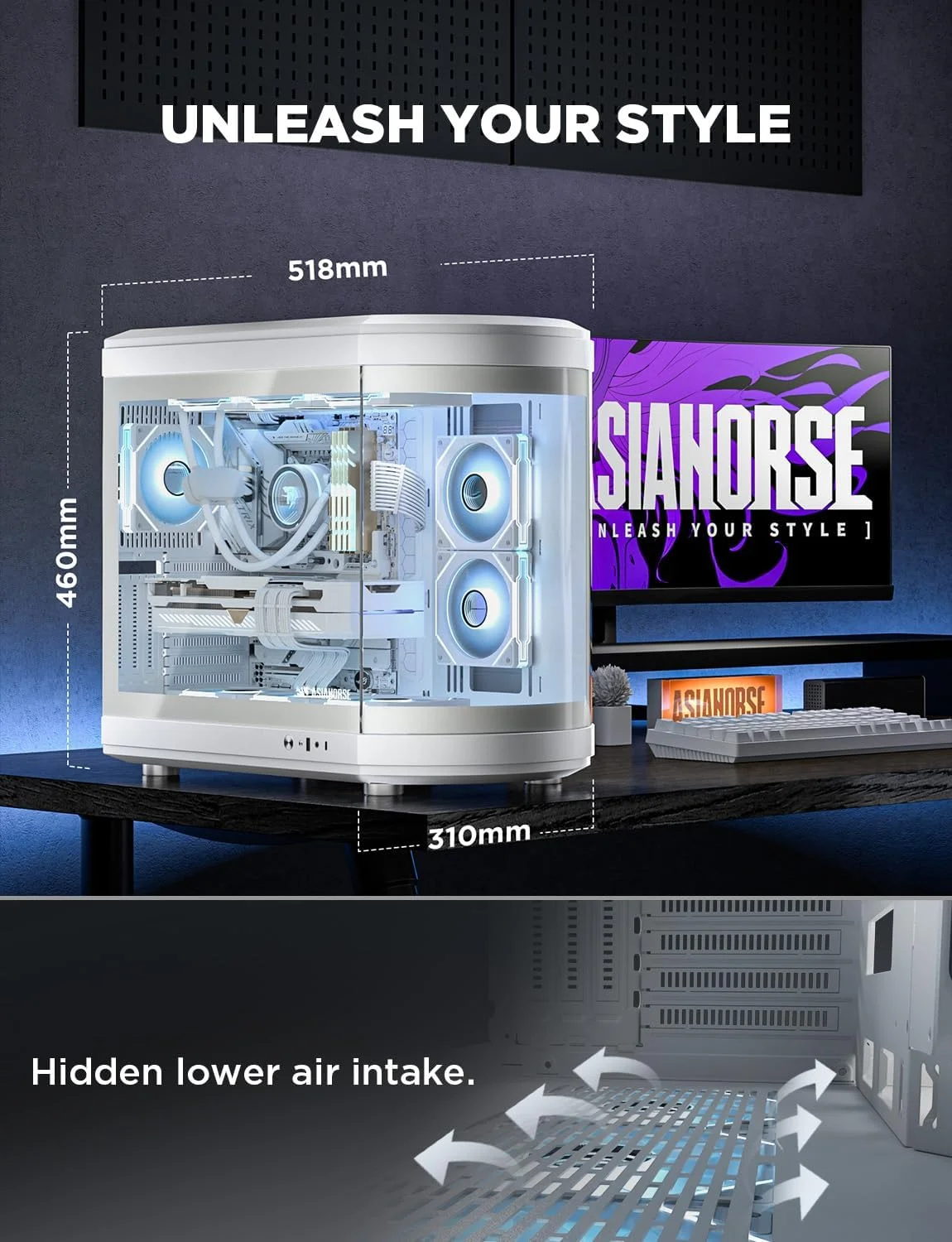 کیس کامپیوتر AsiaHorse ATX با محفظه دوگانه و نمای کامل 180 درجه شیشه حرارت دیده، دارای پورت Type-C، پشتیبانی از رادیاتور 360 میلی‌متری، سازگار با RTX 40، کیس ATX Mid-Tower با جریان هوای بالا