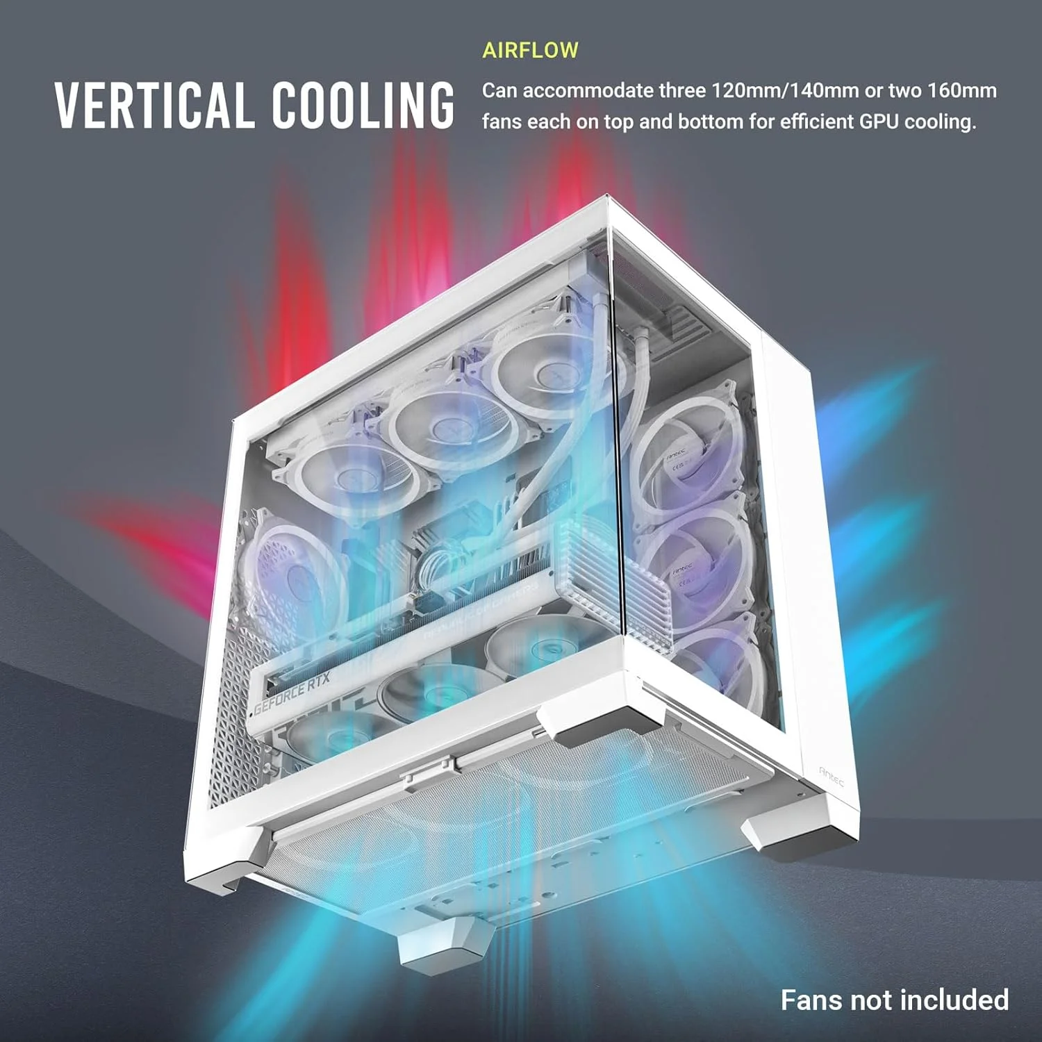 کیس کامپیوتر Antec C8 سفید، بدون فن، سازگار با RTX 40، دو محفظه، طراحی بدون نیاز به ابزار، دارای Type-C، پشتیبانی از رادیاتور 360 میلی‌متری، پنل‌های شیشه‌ای حرارت دیده یکپارچه در جلو و طرفین، کیس فول تاور E-ATX با جریان هوای بالا