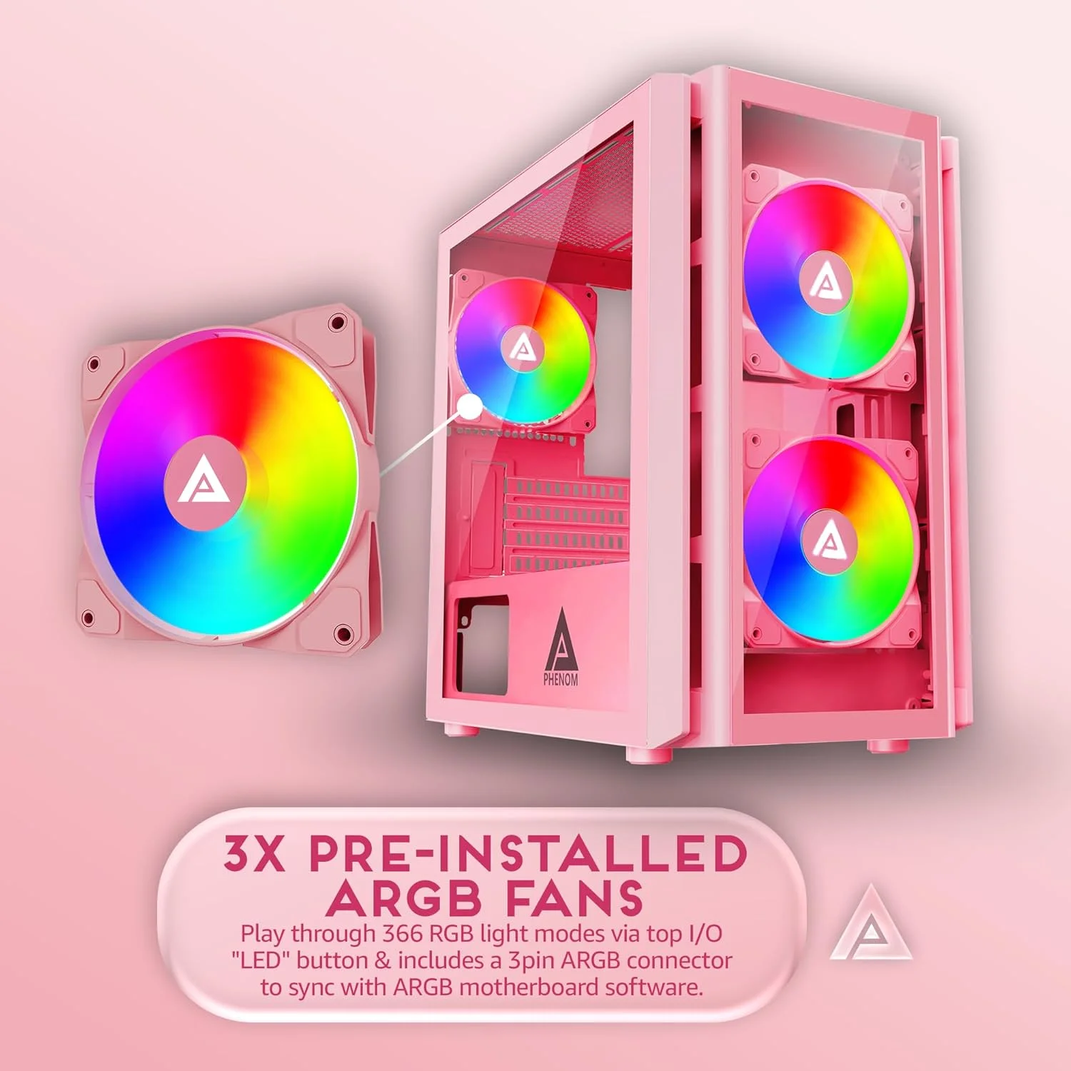 کیس کامپیوتر گیمینگ Apevia Phenom-PK Phenom Micro-ATX با 3 فن 120 میلی‌متری ARGB، دارای 366 حالت نورپردازی RGB، 1 پنل جلویی شیشه‌ای، پشتیبانی از کارت گرافیک 340 میلی‌متری، 1 پورت USB3.0، 2 پورت USB 2.0، صورتی