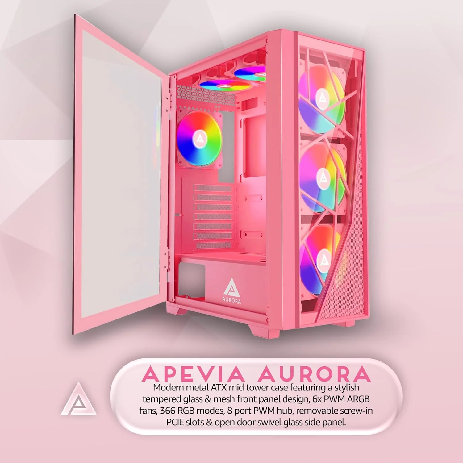 کیس کامپیوتر مید تاور Apevia Aurora-PK Aurora با 6 فن 120 میلی‌متری PWM ARGB، دارای 366 حالت نورپردازی RGB، 1 پنل جلویی شیشه‌ای و مشبک، 1 پنل کناری شیشه‌ای مغناطیسی لولایی، 2 پورت USB3.0، صورتی…