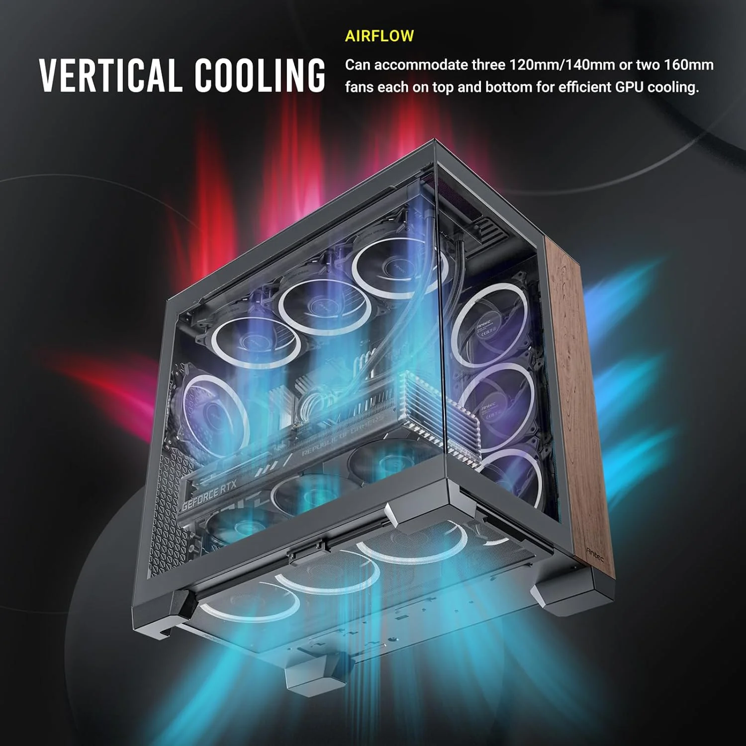 کیس کامپیوتر Antec C8 چوبی، بدون فن، پنل جلویی چوبی، طراحی دو محفظه ای، دارای پورت Type-C، پشتیبانی از رادیاتور 360 میلی متری، پنل های جلویی و جانبی TG یکپارچه، سازگار با RTX 40، کیس فول تاور E-ATX