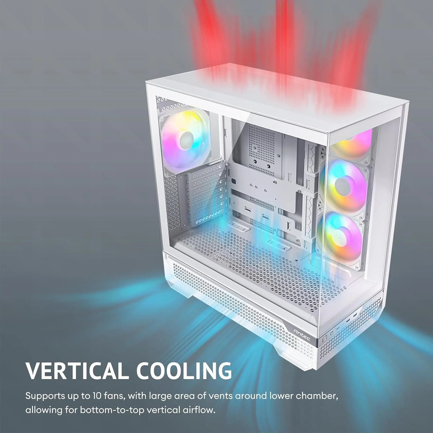 کیس کامپیوتر مید تاور E-ATX انتک C7 ARGB سفید، پشتیبانی از کارت گرافیک RTX 40، دارای 4 فن 120 میلی‌متری ARGB PWM، خنک‌کننده عمودی، پورت Type-C 10Gbps، پنل‌های شیشه‌ای حرارت‌دیده بدون درز در جلو و طرفین، پشتیبانی از رادیاتور 360 میلی‌متری