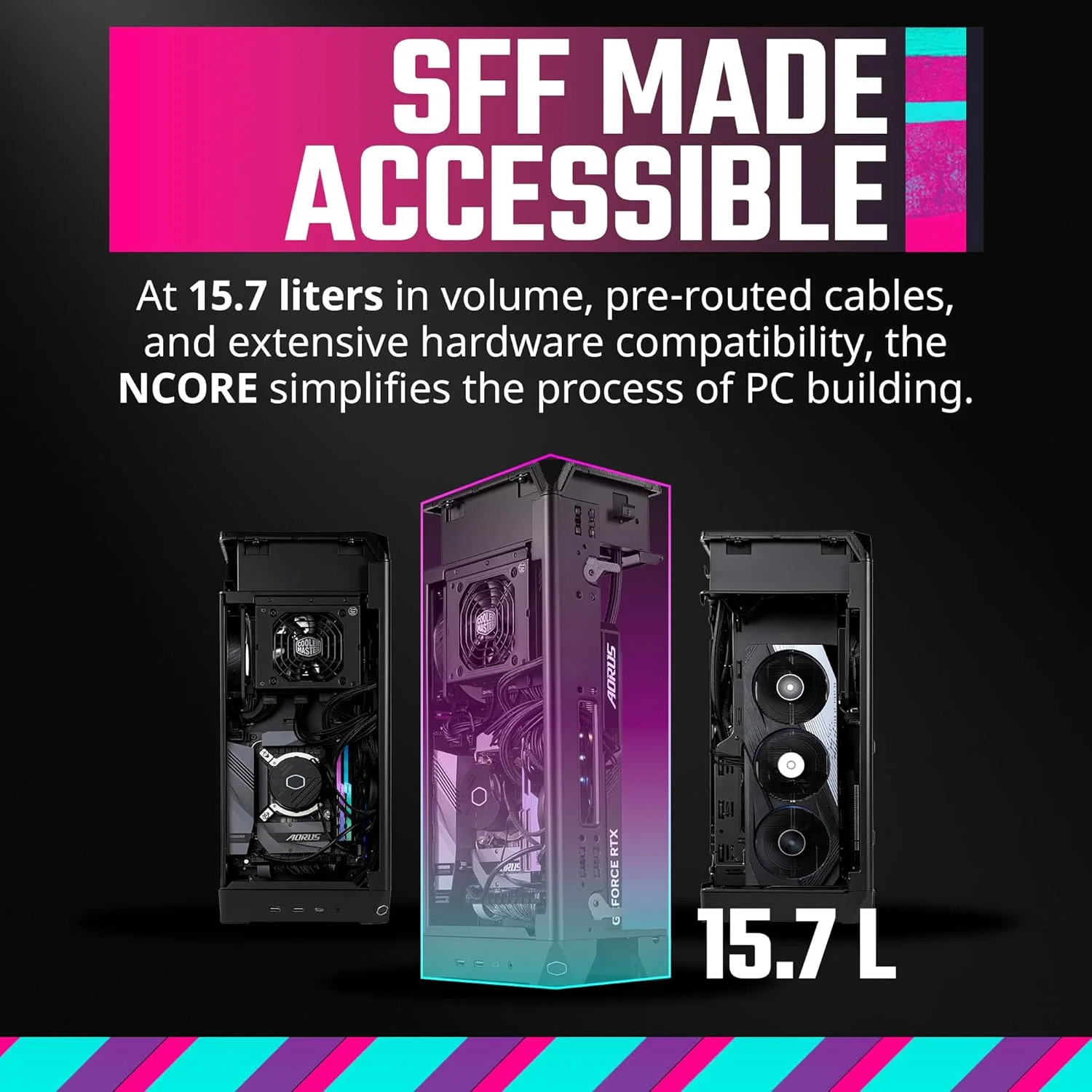 کیس کامپیوتر Mini-ITX کولر مستر NCORE 100 MAX | AIO و منبع تغذیه آماده، شامل AIO سفارشی 120 میلی‌متری، منبع تغذیه V850W SFX Gold PCIe 5.0، طراحی شده برای Nvidia RTX 5080 | AMD RX 9070 XT، پشتیبانی از کارت گرافیک 356 میلی‌متری، DIY