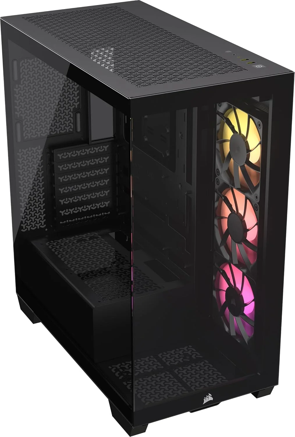 کیس کامپیوتر CORSAIR 3500X ARGB Mid-Tower ATX – شیشه حرارت دیده پانوراما – سازگار با مادربرد اتصال معکوس – شامل 3 عدد فن CORSAIR RS120 ARGB – مشکی