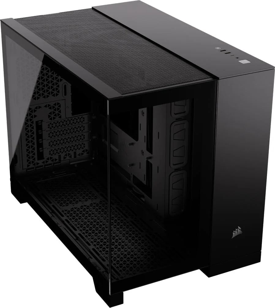 کیس کامپیوتر شیشه حرارت دیده CORSAIR 2500X mATX – بدون فن – طراحی دو محفظه ای – انعطاف پذیری گسترده خنک کننده – سازگار با مادربرد اتصال معکوس – مشکی