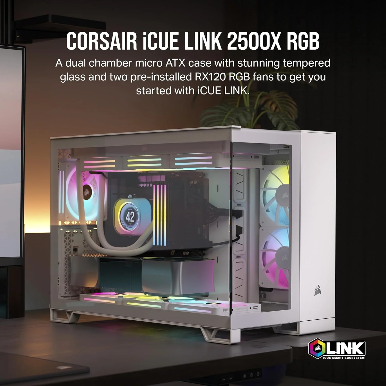 کیس کامپیوتر دو محفظه ای CORSAIR iCUE Link 2500X RGB با شیشه حرارت دیده mATX Mid-Tower - شامل 2 عدد فن CORSAIR RX120 RGB - انعطاف پذیری گسترده در خنک کننده - سازگار با مادربرد اتصال معکوس - سفید