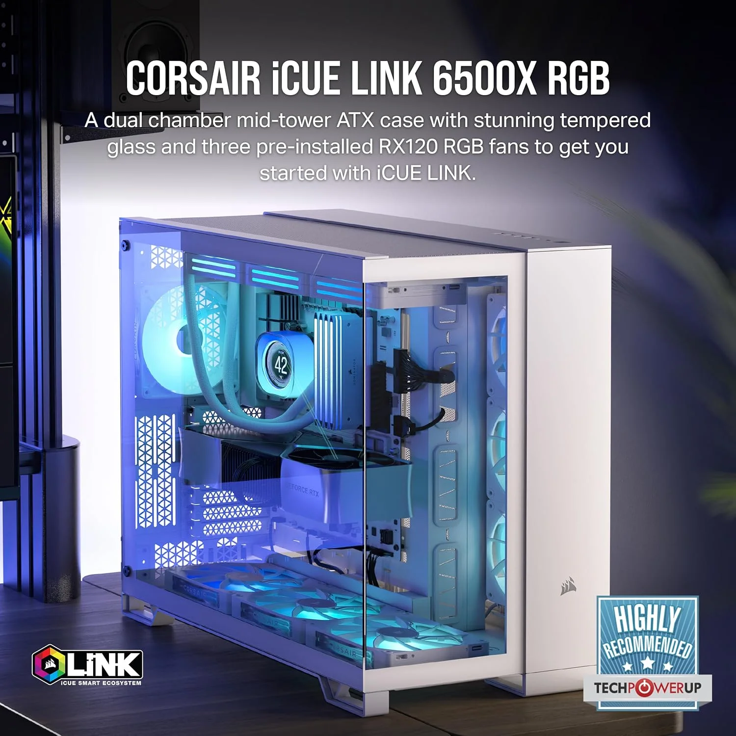 کیس کامپیوتر CORSAIR iCUE Link 6500X RGB Mid-Tower ATX Dual Chamber – شیشه حرارت دیده پانوراما - سازگار با مادربرد اتصال معکوس – شامل 3 عدد فن CORSAIR RX120 RGB – سفید