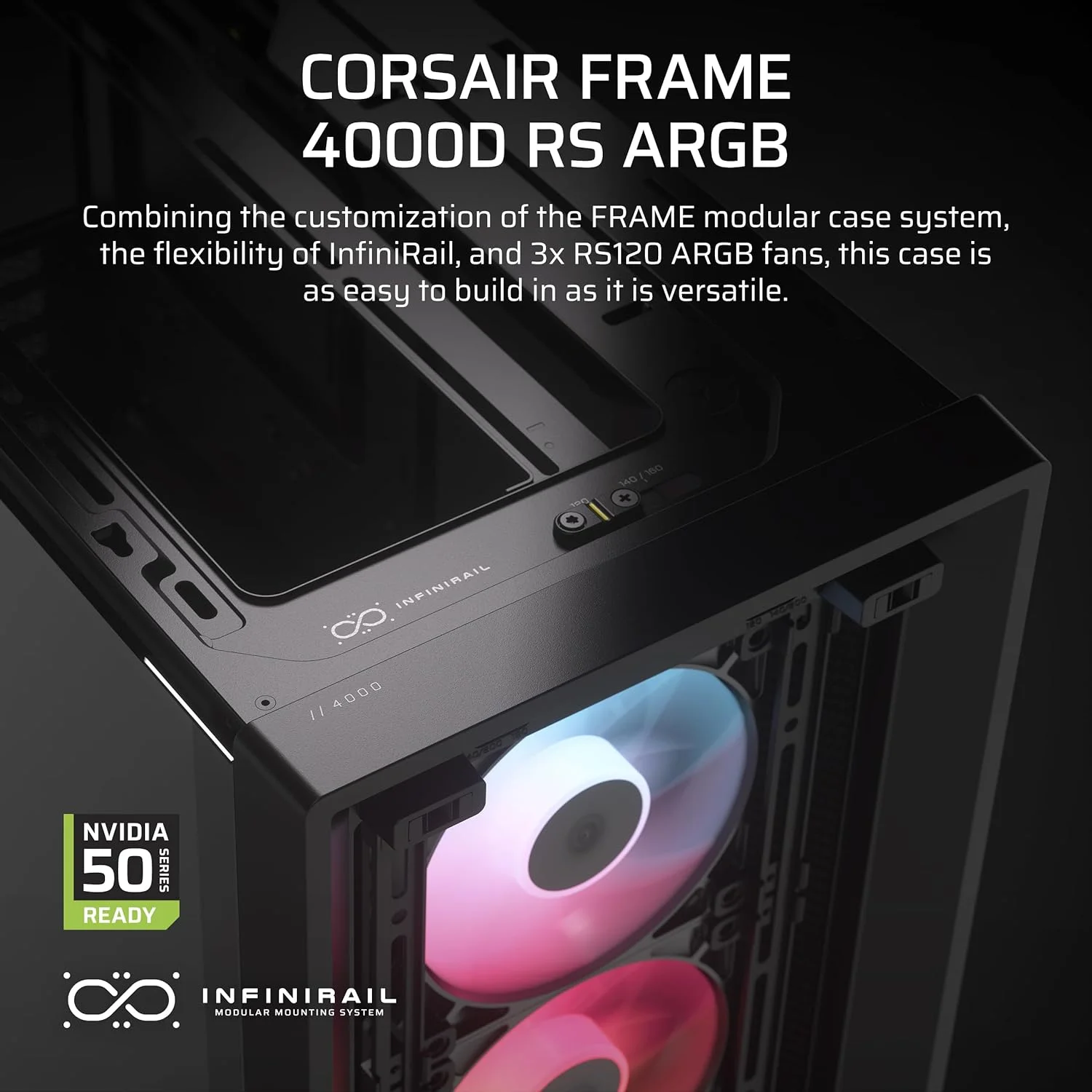 کیس کامپیوتر CORSAIR 4000D RS ARGB Frame Modular Mid-Tower ATX – جریان هوای بالا، 3 عدد فن RS ARGB از پیش نصب شده، سیستم نصب فن InfiniRail™، ASUS BTF، MSI Project Zero، Gigabyte Project Stealth – مشکی کیس کامپیوتر CORSAIR 4000D RS ARGB Frame Modular Mid-Tower ATX – جریان هوای بالا، 3 عدد فن RS ARGB از پیش نصب شده، سیستم نصب فن InfiniRail™، ASUS BTF، MSI Project Zero، Gigabyte Project Stealth – مشکی