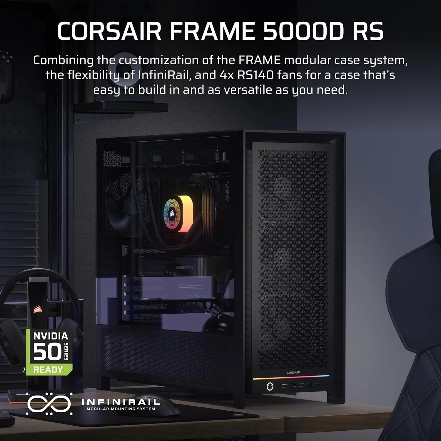 کیس کامپیوتر مید-تاور CORSAIR Frame 5000D RS با جریان هوای بالا و طراحی ماژولار – دارای 4 فن RS از پیش نصب شده، سیستم نصب فن InfiniRail™، نگهدارنده کارت گرافیک، سازگار با ASUS BTF، MSI Project Zero، Gigabyte Project Stealth – مشکی کیس کامپیوتر مید-تاور CORSAIR Frame 5000D RS با جریان هوای بالا و طراحی ماژولار – دارای 4 فن RS از پیش نصب شده، سیستم نصب فن InfiniRail™، نگهدارنده کارت گرافیک، سازگار با ASUS BTF، MSI Project Zero، Gigabyte Project Stealth – مشکی