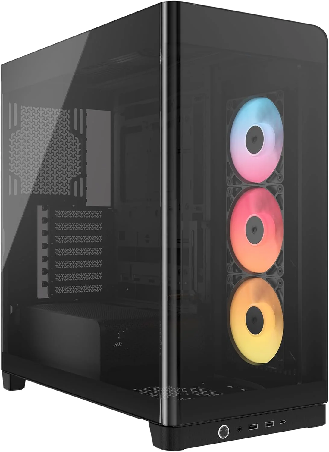 کیس کامپیوتر مید تاور شیشه ای پانوراما CORSAIR Frame 4500X RS-R ARGB – سیستم نصب InfiniRail، مناسب برای دو رادیاتور 360 میلی متری، دارای نگهدارنده کارت گرافیک، شامل 3 عدد فن RS120R – مشکی