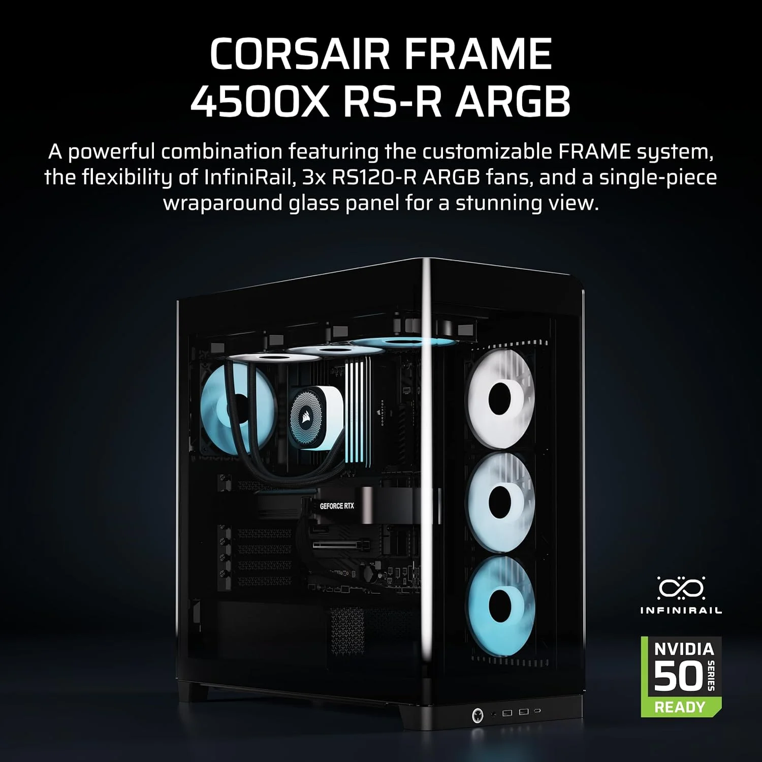 کیس کامپیوتر مید تاور شیشه ای پانوراما CORSAIR Frame 4500X RS-R ARGB – سیستم نصب InfiniRail، مناسب برای دو رادیاتور 360 میلی متری، دارای نگهدارنده کارت گرافیک، شامل 3 عدد فن RS120R – مشکی کیس کامپیوتر مید تاور شیشه ای پانوراما CORSAIR Frame 4500X RS-R ARGB – سیستم نصب InfiniRail، مناسب برای دو رادیاتور 360 میلی متری، دارای نگهدارنده کارت گرافیک، شامل 3 عدد فن RS120R – مشکی