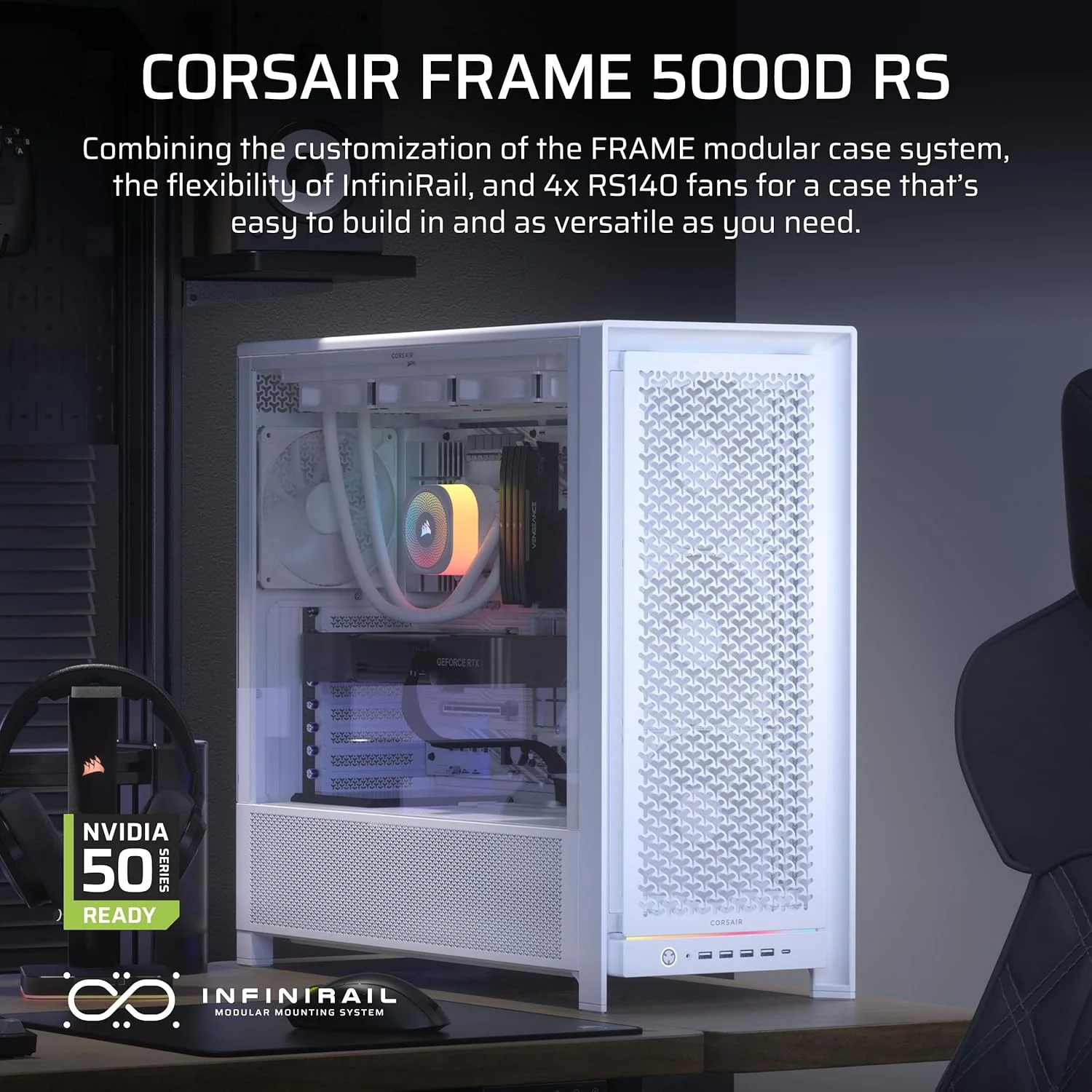 کیس کامپیوتر مید-تاور CORSAIR Frame 5000D RS با جریان هوای بالا و طراحی ماژولار - دارای 4 فن RS از پیش نصب شده، سیستم نصب فن InfiniRail™، نگهدارنده کارت گرافیک، ASUS BTF، MSI Project Zero، Gigabyte Project Stealth - سفید کیس کامپیوتر مید-تاور CORSAIR Frame 5000D RS با جریان هوای بالا و طراحی ماژولار - دارای 4 فن RS از پیش نصب شده، سیستم نصب فن InfiniRail™، نگهدارنده کارت گرافیک، ASUS BTF، MSI Project Zero، Gigabyte Project Stealth - سفید