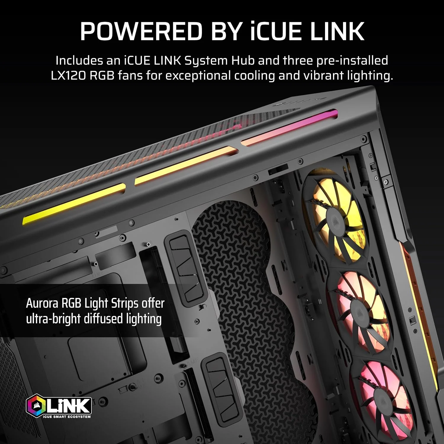 کیس کامپیوتر میدتاور ATX کرسیر iCUE Link 5000T LX RGB – دارای 3 فن LX120 RGB از پیش نصب شده، نوارهای نوری Aurora RGB یکپارچه، فضای داخلی جادار، هاب سیستم iCUE Link کیس کامپیوتر میدتاور ATX کرسیر iCUE Link 5000T LX RGB – دارای 3 فن LX120 RGB از پیش نصب شده، نوارهای نوری Aurora RGB یکپارچه، فضای داخلی جادار، هاب سیستم iCUE Link