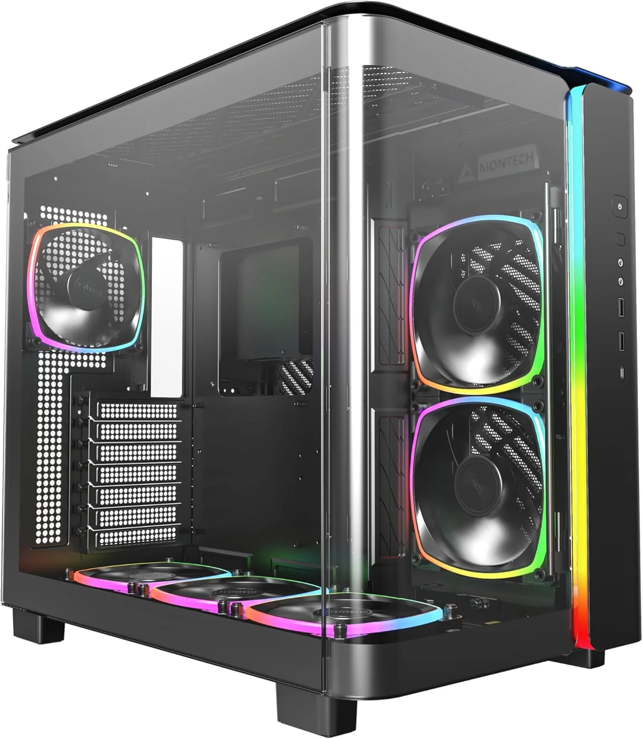 کیس گیمینگ MONTECH King 95 PRO Dual-Chamber ATX Mid-Tower PC، جریان هوای بالا، پنل های بدون ابزار، شیشه حرارت دیده منحنی مقاوم در جلو، شش فن ARGB PWM از پیش نصب شده با هاب فن، King 95 PRO مشکی