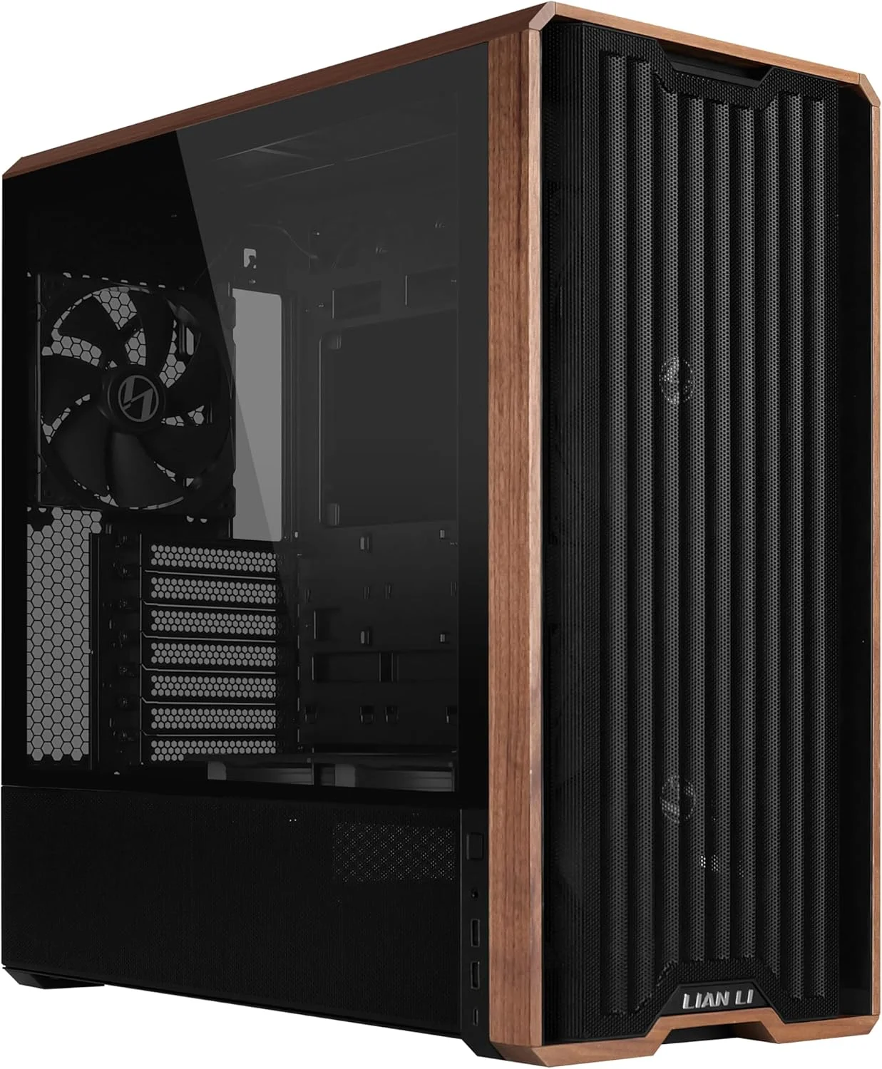کیس کامپیوتر Lian Li LANCOOL 217 با چوب گردوی اصل، کیس Mid-Tower ATX PC با 5 فن PWM از پیش نصب شده 2x170mm، 2x120mm و 1x140mm، نصب انعطاف پذیر PSU و کابل - مشکی (LAN217X)