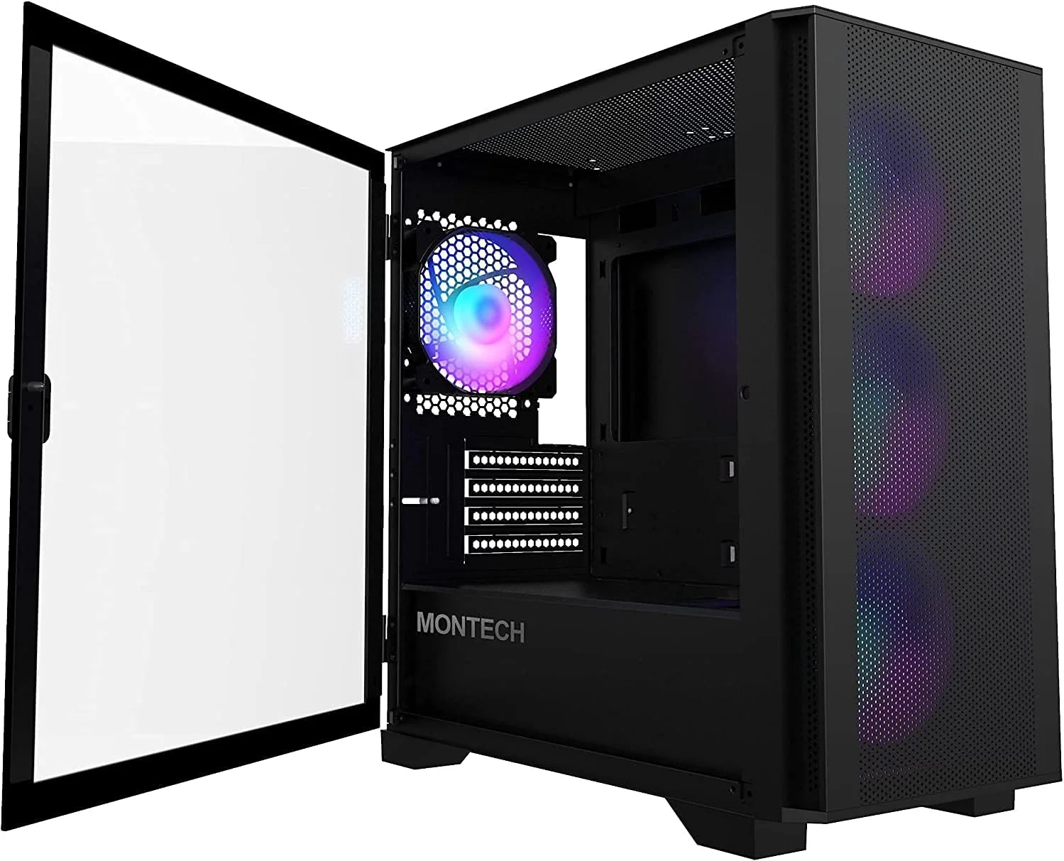 کیس Montech AIR 100 ARGB Micro-ATX Tower با چهار فن ARGB از پیش نصب شده، طراحی فوق‌العاده مینیمالیستی، پنل جلویی توری ظریف، جریان هوای بالا، شیشه حرارت دیده چرخان جانبی منحصر به فرد، مشکی