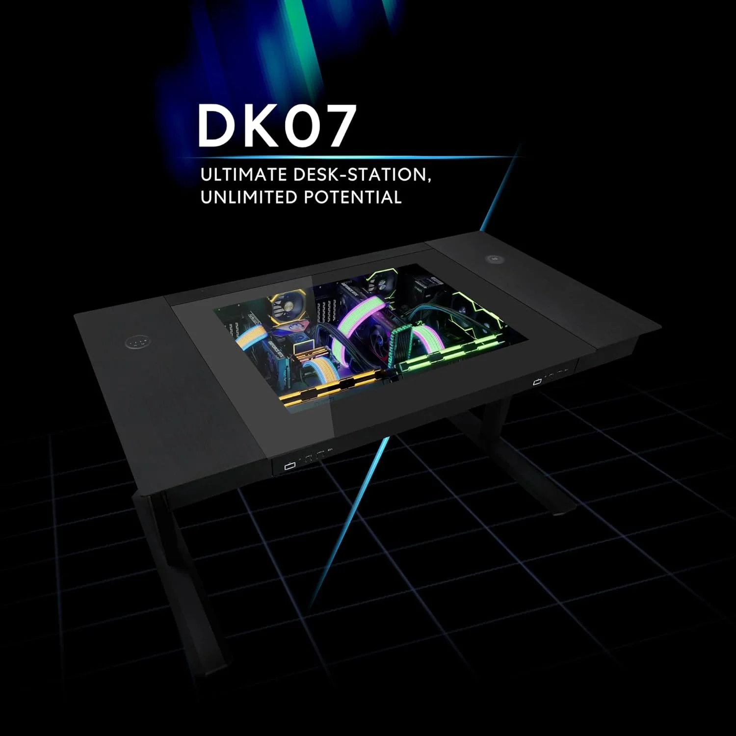 میز ایستاده موتورایز Lian Li DK-07X - پشتیبانی از دو E-ATX، شارژ بی‌سیم، ارتفاع قابل تنظیم، تا 2 پاور ATX، سازگار با کیس کامپیوتر با رادیاتورهای 480mm/420mm، 17 فن، پنل شیشه ای حرارت دیده - DK07X