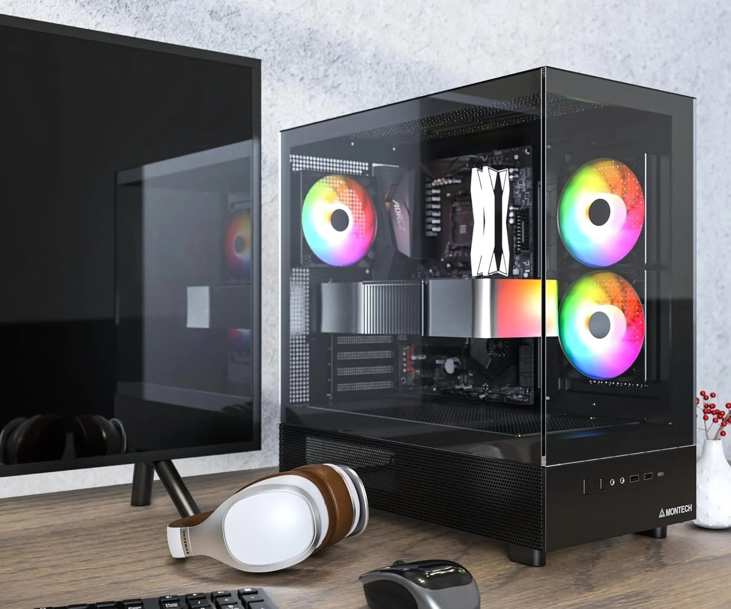 کیس گیمینگ میان برج MONTECH XR، ATX، دارای 3 فن 120 میلی‌متری ARGB PWM از پیش نصب شده، پنل شیشه‌ای دوگانه با نمای کامل، طراحی دانه چوب در رابط ورودی/خروجی، پشتیبانی از کارت گرافیک 4090، پشتیبانی از رادیاتور 360 میلی‌متری، مشکی