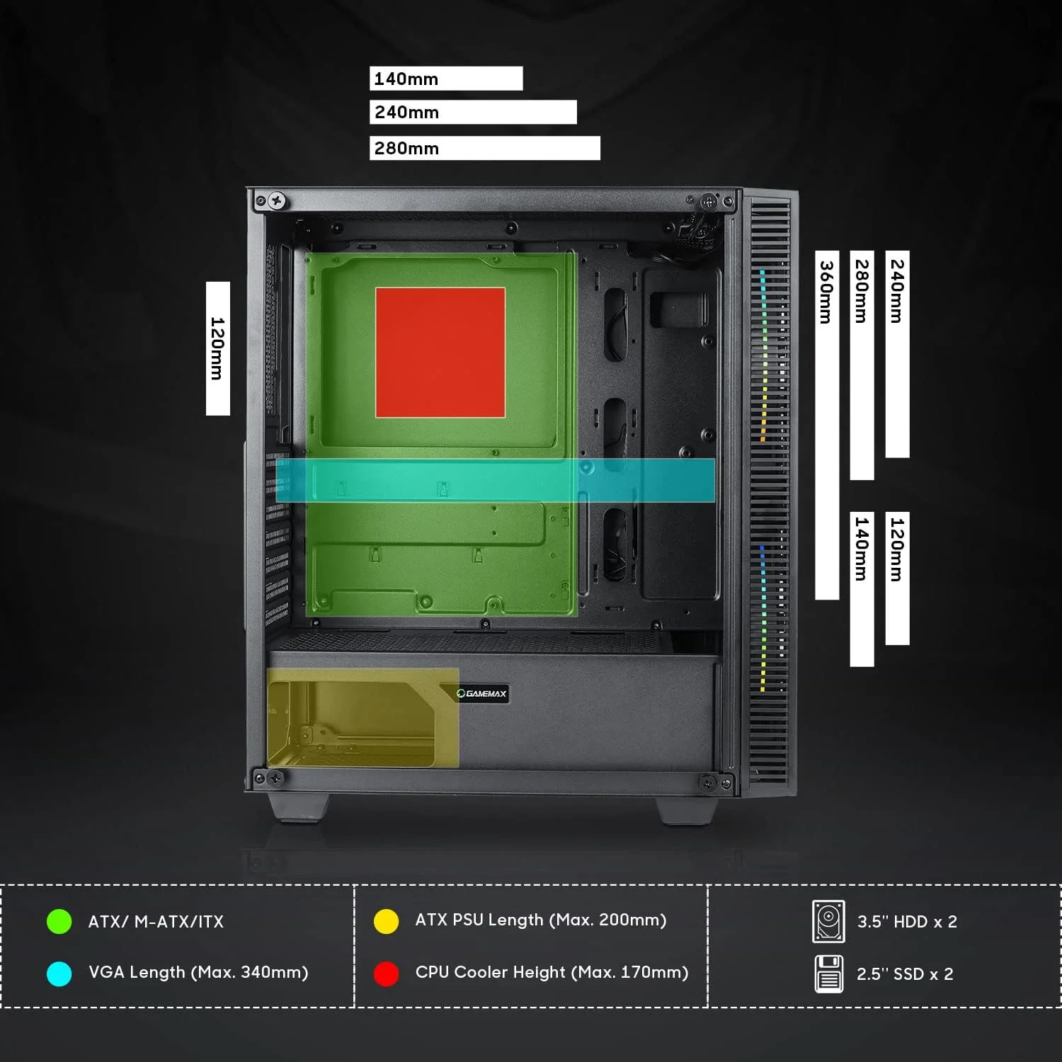کیس گیمینگ مید تاور با پنل شیشه ای حرارت دیده، دارای 2 فن 200 میلی متری ARGB، GAMEMAX Black Hole