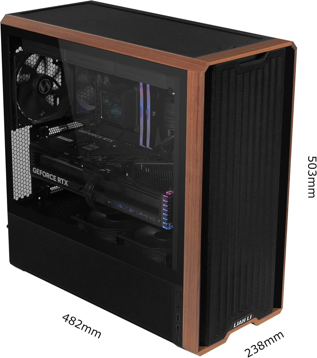 کیس کامپیوتر Lian Li LANCOOL 217 با چوب گردوی اصل، کیس Mid-Tower ATX PC با 5 فن PWM از پیش نصب شده 2x170mm، 2x120mm و 1x140mm، نصب انعطاف پذیر PSU و کابل - مشکی (LAN217X)