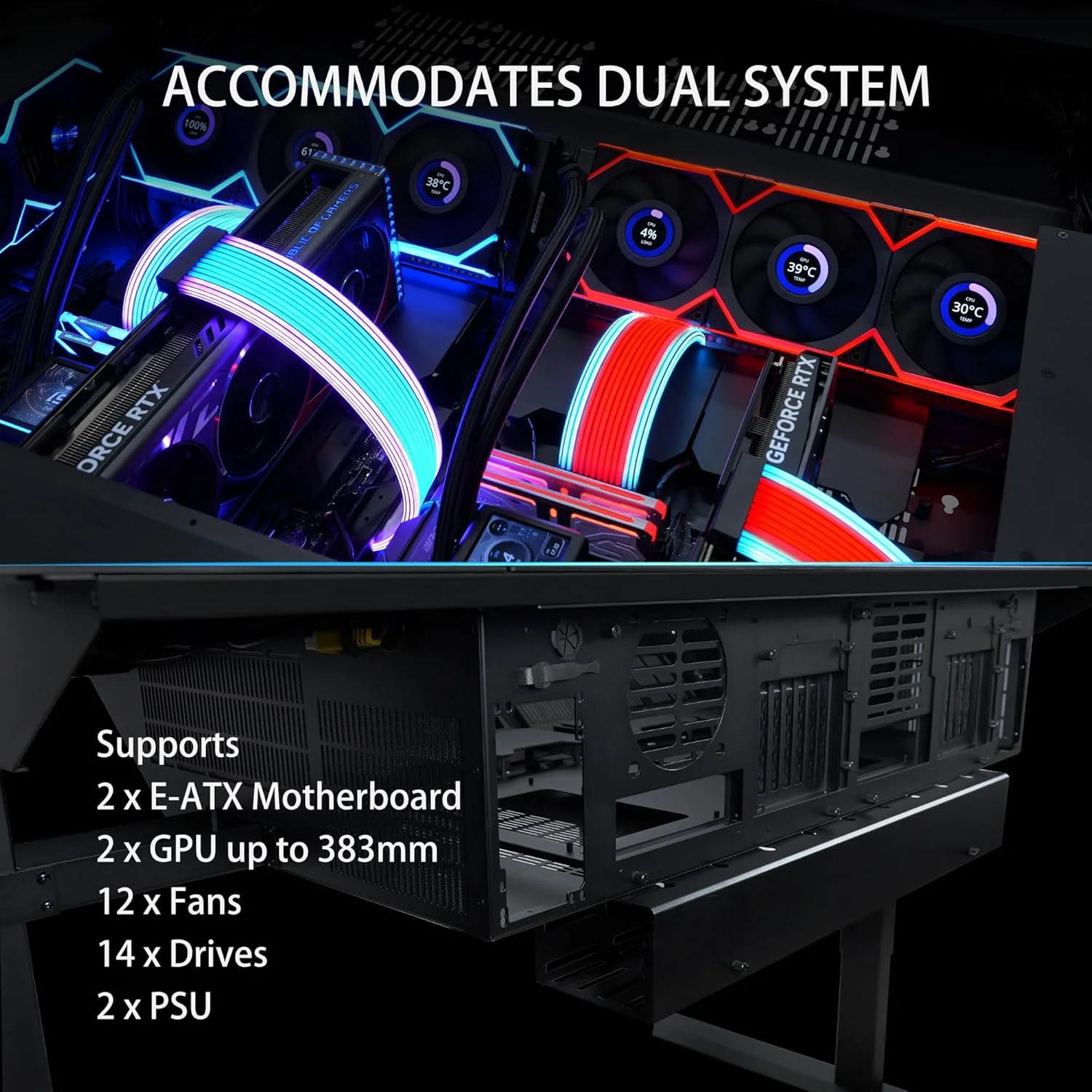 میز ایستاده موتورایز Lian Li DK-07X - پشتیبانی از دو E-ATX، شارژ بی‌سیم، ارتفاع قابل تنظیم، تا 2 پاور ATX، سازگار با کیس کامپیوتر با رادیاتورهای 480mm/420mm، 17 فن، پنل شیشه ای حرارت دیده - DK07X