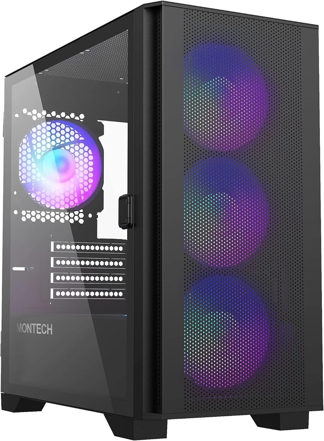 کیس Montech AIR 100 ARGB Micro-ATX Tower با چهار فن ARGB از پیش نصب شده، طراحی فوق‌العاده مینیمالیستی، پنل جلویی توری ظریف، جریان هوای بالا، شیشه حرارت دیده چرخان جانبی منحصر به فرد، مشکی
