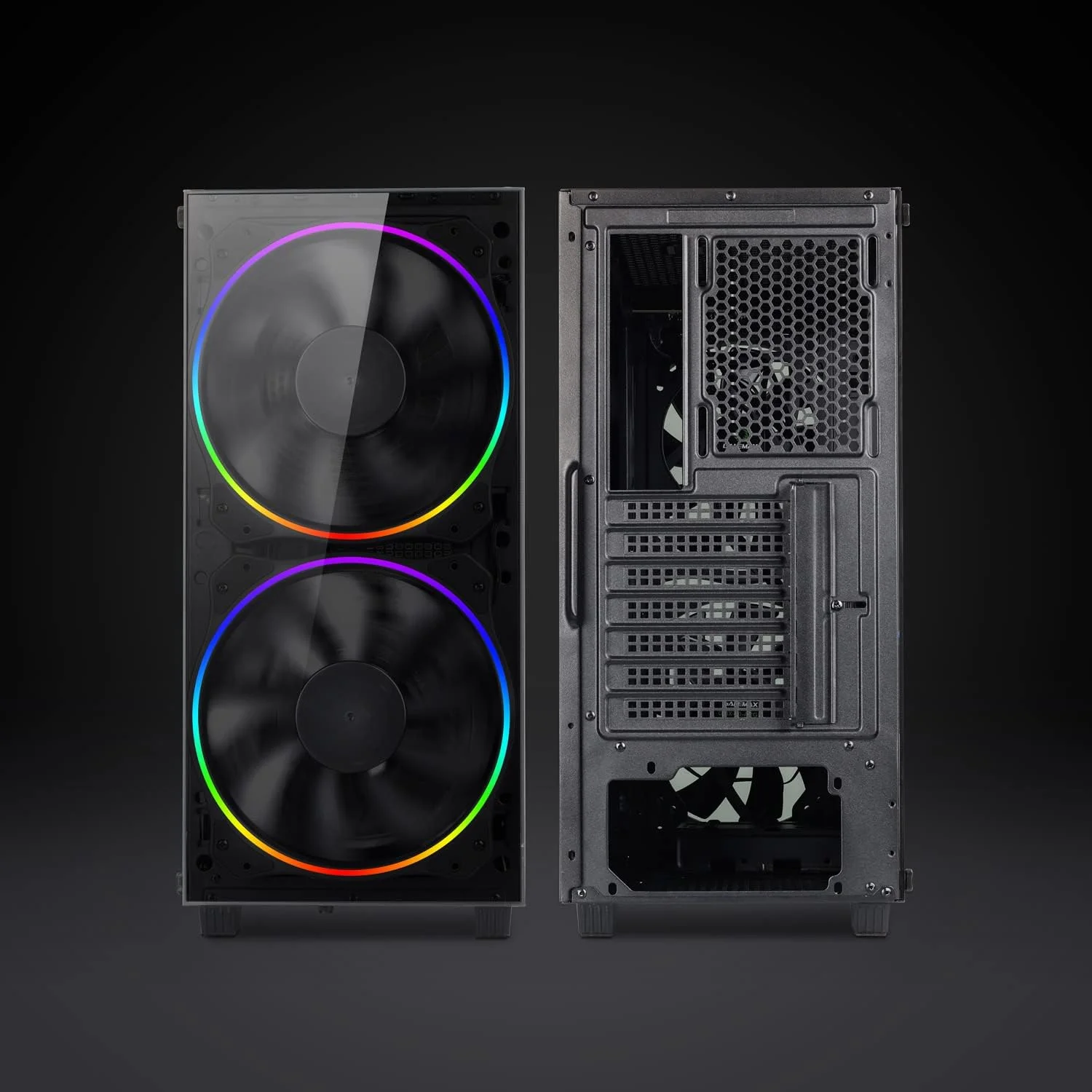 کیس گیمینگ مید تاور با پنل شیشه ای حرارت دیده، دارای 2 فن 200 میلی متری ARGB، GAMEMAX Black Hole