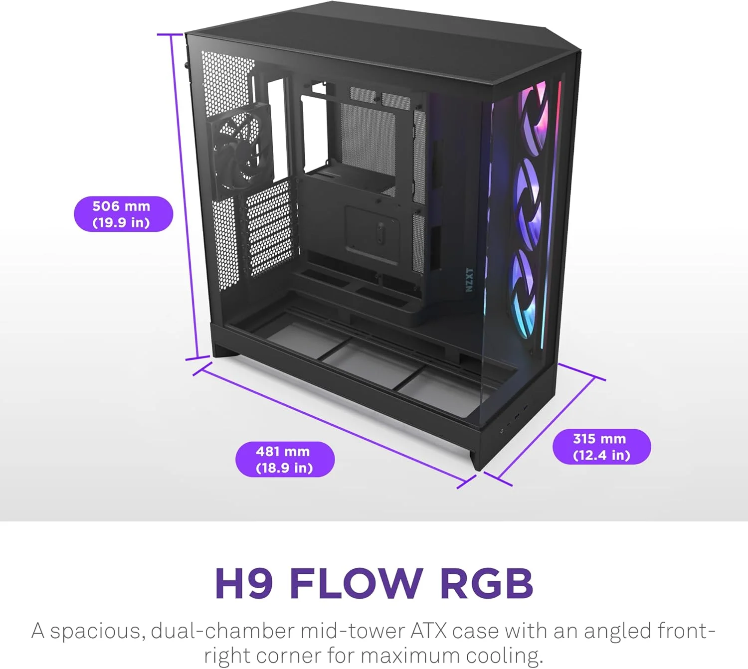کیس کامپیوتر NZXT H9 Flow RGB (2025) - کیس میدتاور ATX دو محفظه ای بزرگ با جریان هوای عالی - شامل 1 عدد فن RGB 420 میلی متری و 1 عدد فن 120 میلی متری - پشتیبانی از رادیاتور 420 میلی متری - شیشه حرارت دیده - آماده اتصال پشتی - مشکی