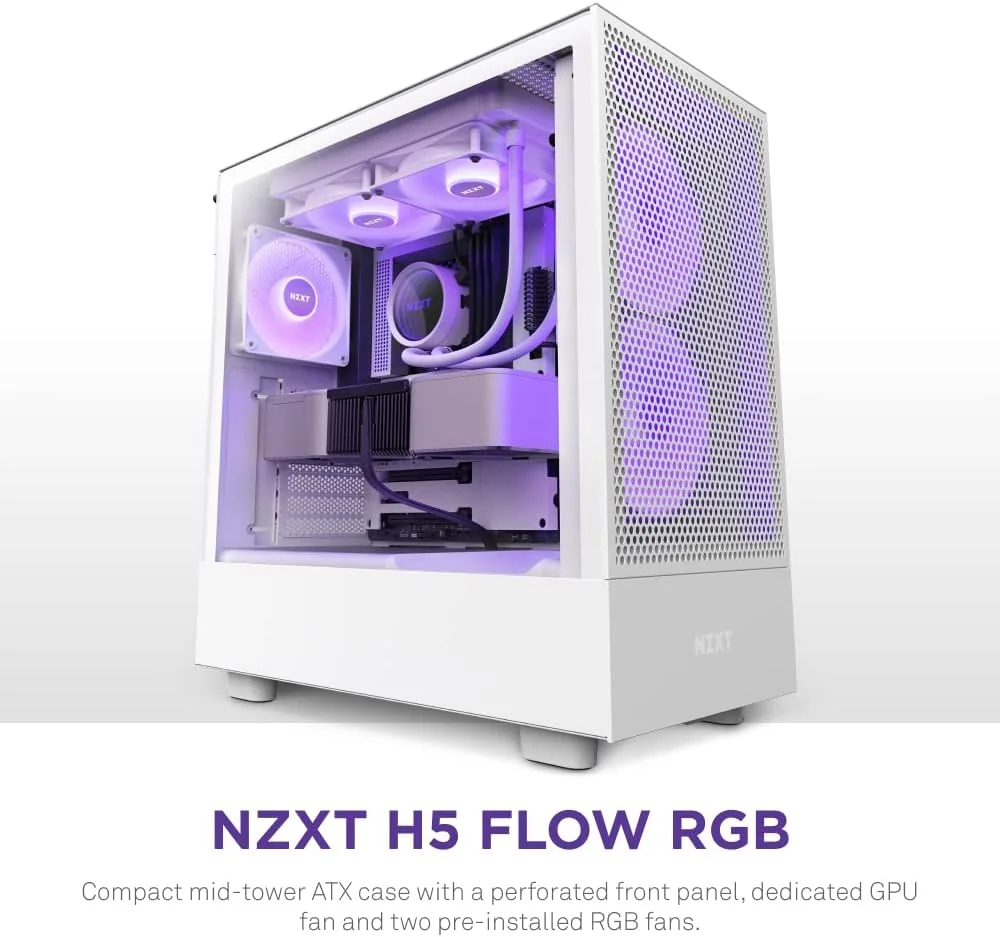 کیس کامپیوتر گیمینگ NZXT H5 Flow RGB Compact ATX Mid-Tower - پنل جلویی مشبک با جریان هوای بالا - پنل جانبی شیشه ای حرارت دیده - مدیریت کابل - 2 عدد فن F140 RGB Core - پشتیبانی از رادیاتور 280 میلی متری - سفید