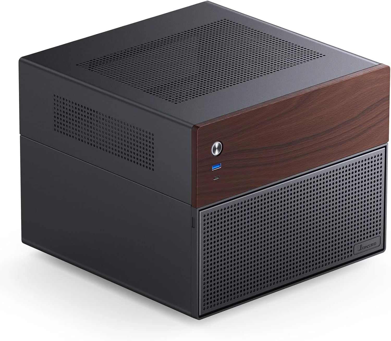 کیس کامپیوتر NAS مدل JONSBO N4 مشکی، چوب گردو، 8 جایگاه درایو/6 * 3.5 اینچی HDD (4 عدد تعویض سریع، 2 عدد غیر تعویض سریع)، 2 * 2.5 اینچی SSD، شاسی Micro ATX، USB3.2Gen2Type-C، 1 عدد فن 120 میلی متری داخلی، مشکی